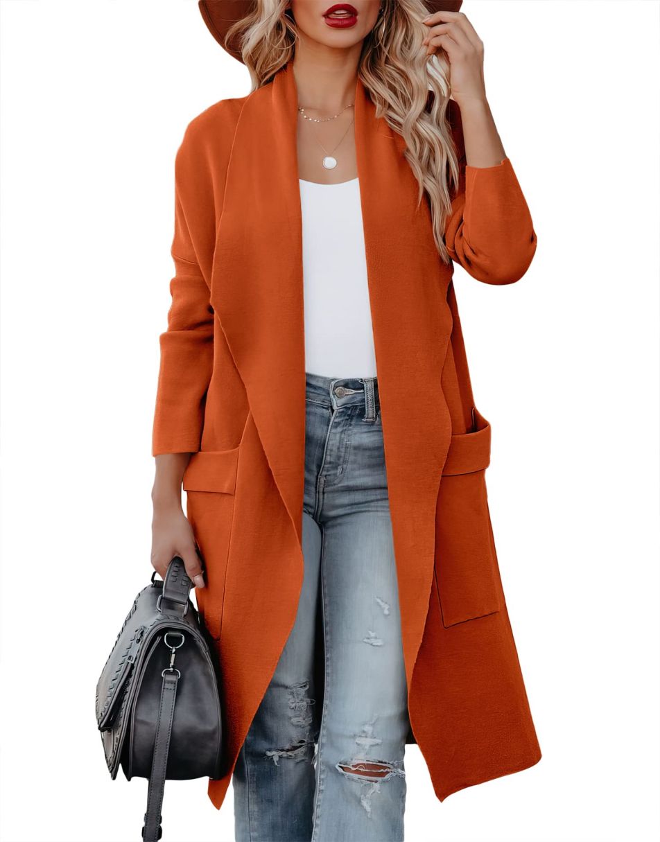 Women's Casual Long Sleeve Draped Open Front Knit Pockets Long Cardigan Jackets Sweater