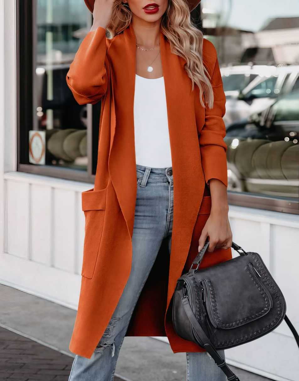Women's Casual Long Sleeve Draped Open Front Knit Pockets Long Cardigan Jackets Sweater