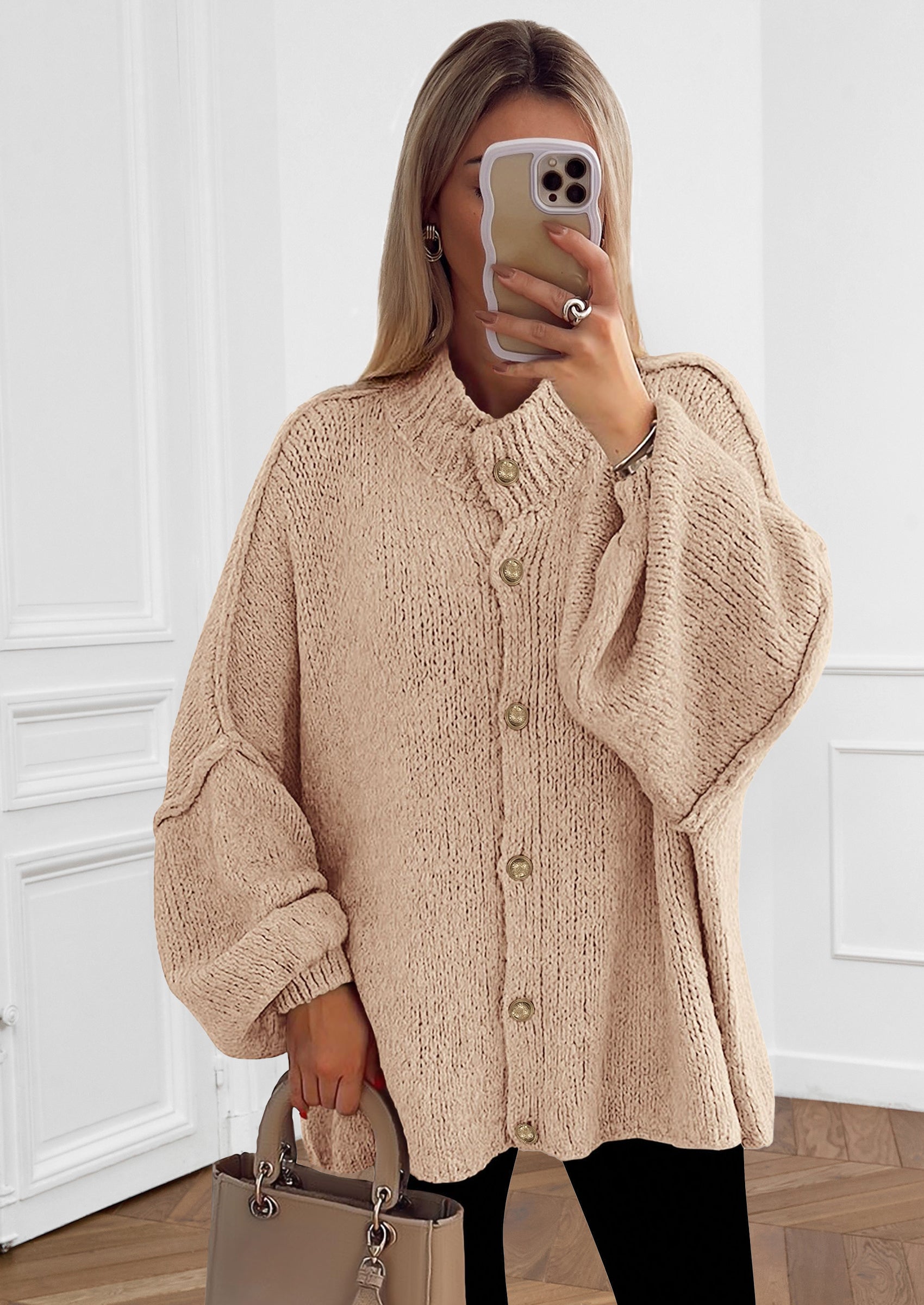 Women's Winter Button Down Cardigan Sweaters Mock Neck Lantern Long Sleeve Chunky Knit Jacket Trendy Outerwear