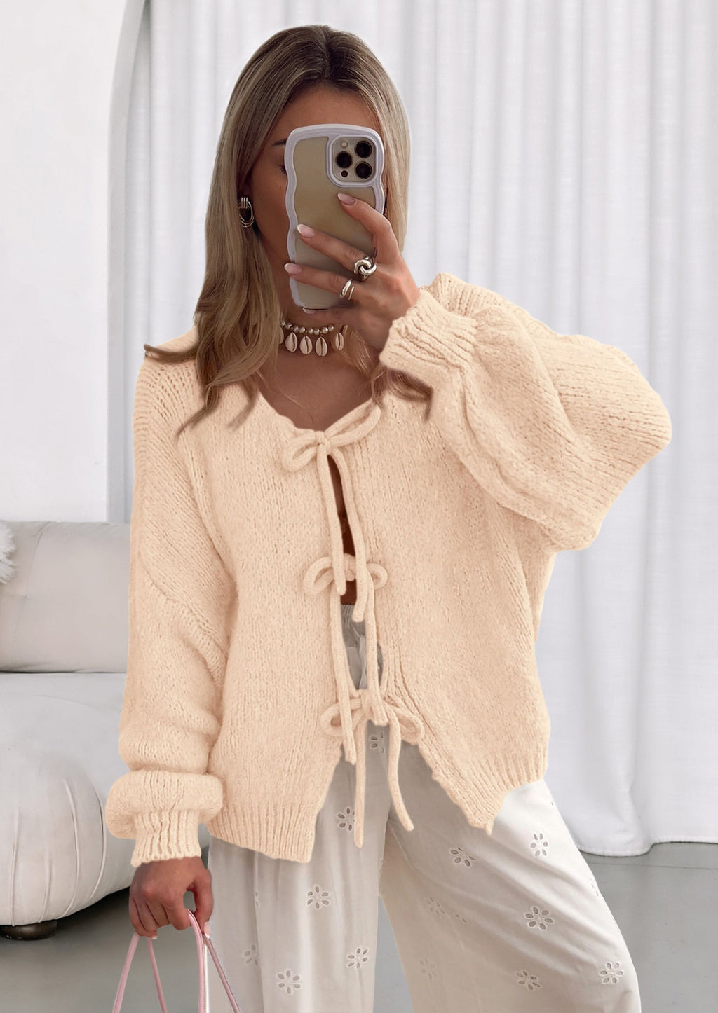 Women's Tie Front Bow Cardigan Sweaters Chunky Knit Long Puff Sleeve Trendy Fall Winter Jacket Coats