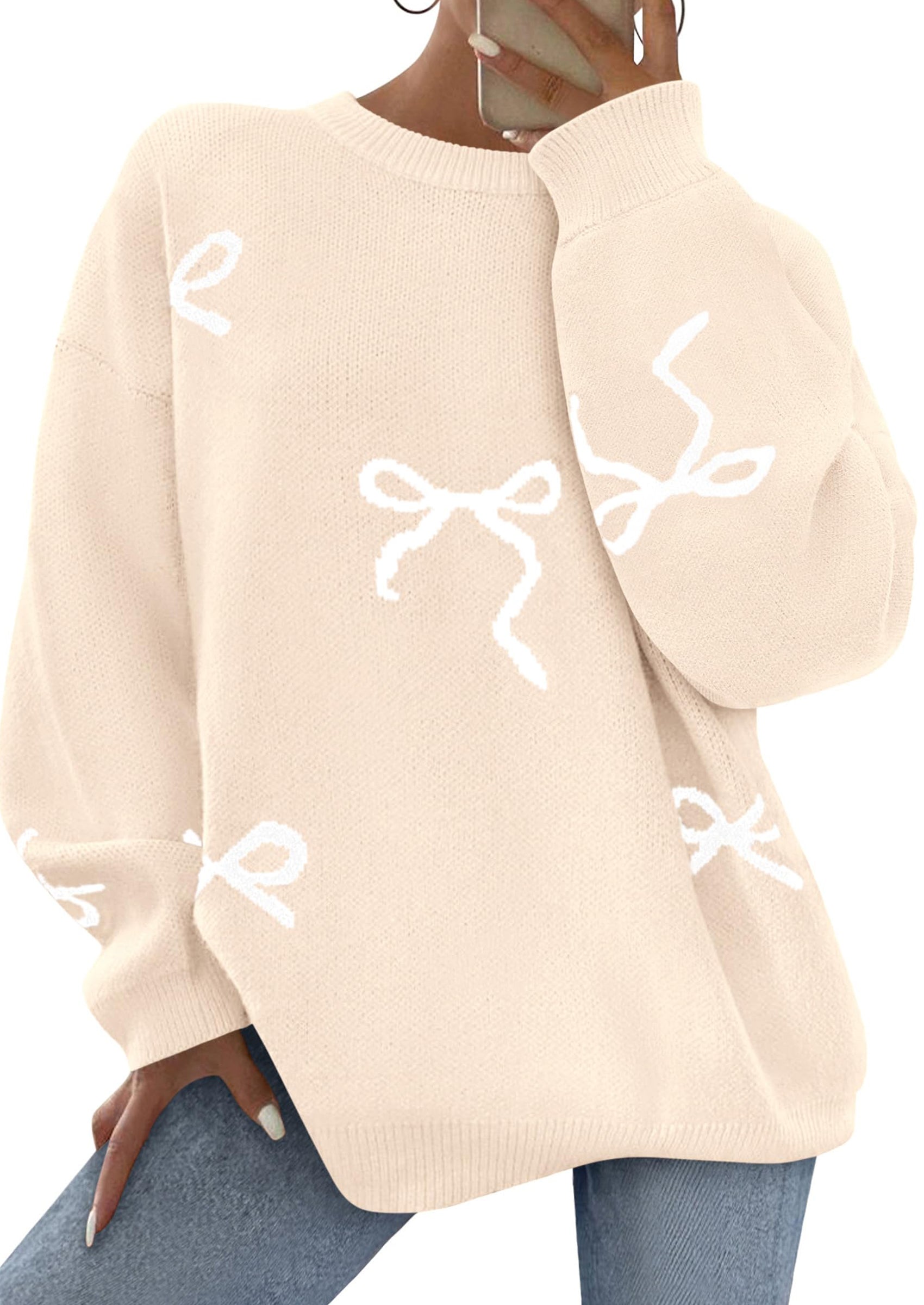 Fall Long Sleeve Pullover Sweaters for Women Trendy Crewneck Casual Cute Bow Chunky Knit Oversized Sweater