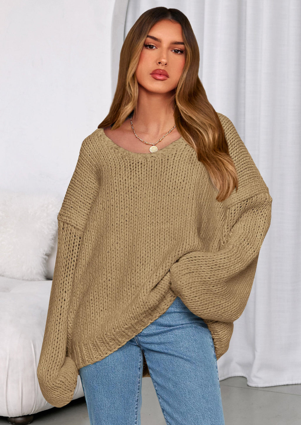 Women's Fall Oversized Sweaters Long Sleeve V Neck Dressy Casual Chunky Knit Loose Pullover Tops Winter Clothing