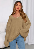 Women's Fall Oversized Sweaters Long Sleeve V Neck Dressy Casual Chunky Knit Loose Pullover Tops Winter Clothing