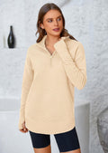 Womens Long Sleeve Quarter Zip Pullover Sweater Casual Loose V Neck Collared Ribbed Knit Jumper Tops Thumb Hole