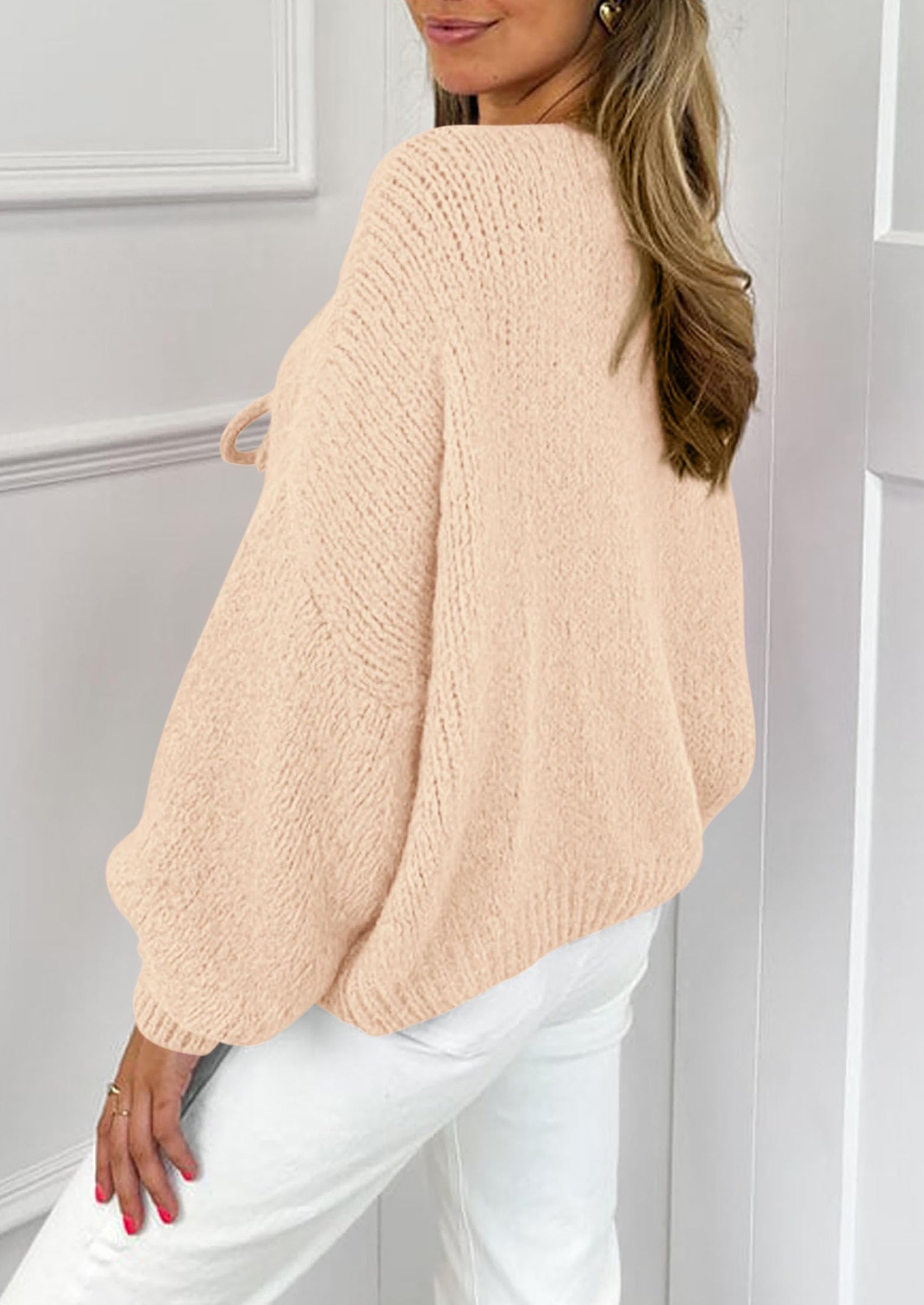 Women's Tie Front Bow Cardigan Sweaters Chunky Knit Long Puff Sleeve Trendy Fall Winter Jacket Coats