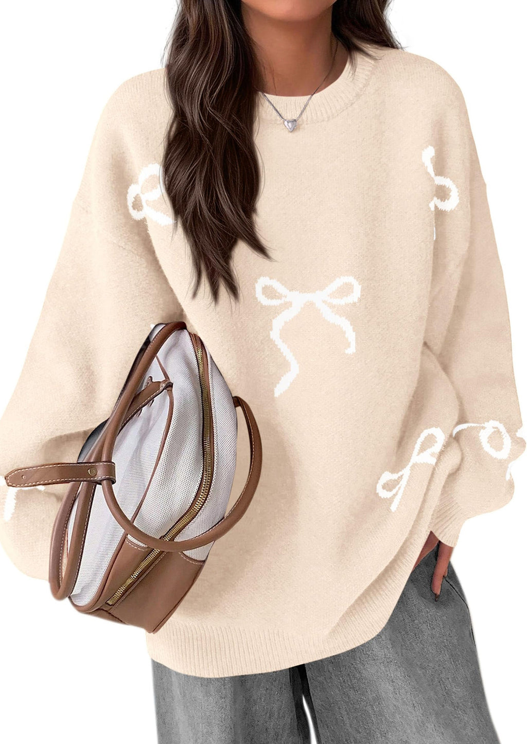 Fall Long Sleeve Pullover Sweaters for Women Trendy Crewneck Casual Cute Bow Chunky Knit Oversized Sweater