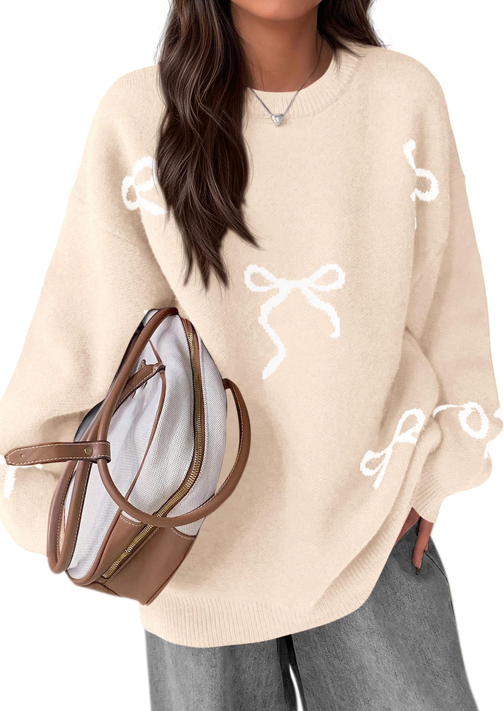 Fall Long Sleeve Pullover Sweaters for Women Trendy Crewneck Casual Cute Bow Chunky Knit Oversized Sweater