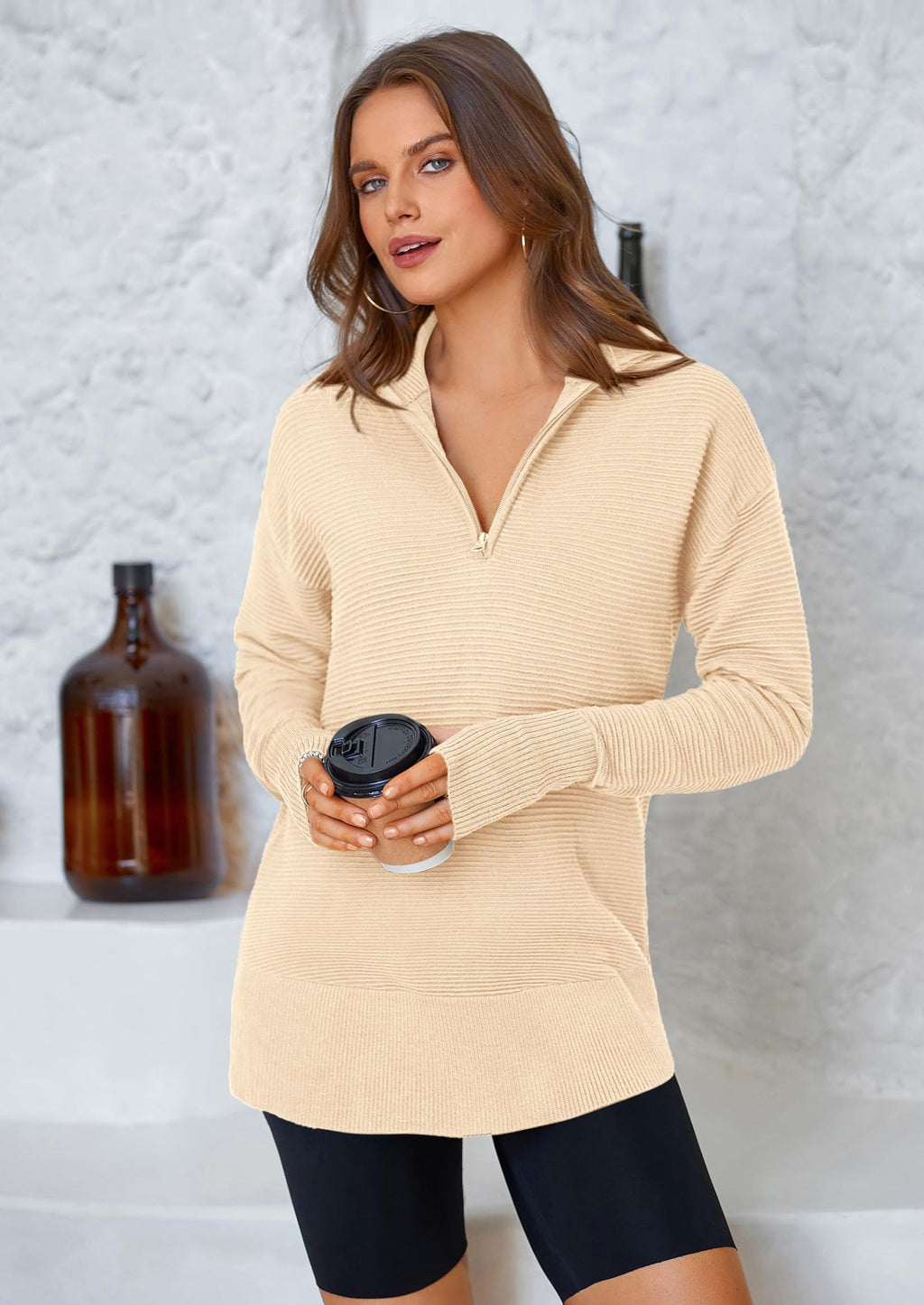Womens Long Sleeve Quarter Zip Pullover Sweater Casual Loose V Neck Collared Ribbed Knit Jumper Tops Thumb Hole
