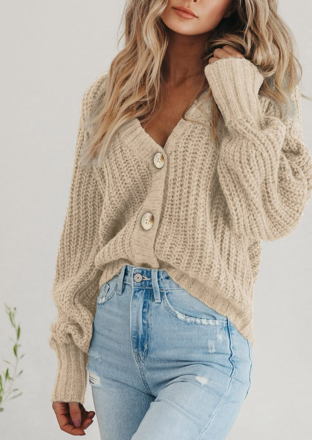 Women's Chunky Knit Open Front Sweater Long Sleeve Button Loose Short Cardigan Outerwear Coats