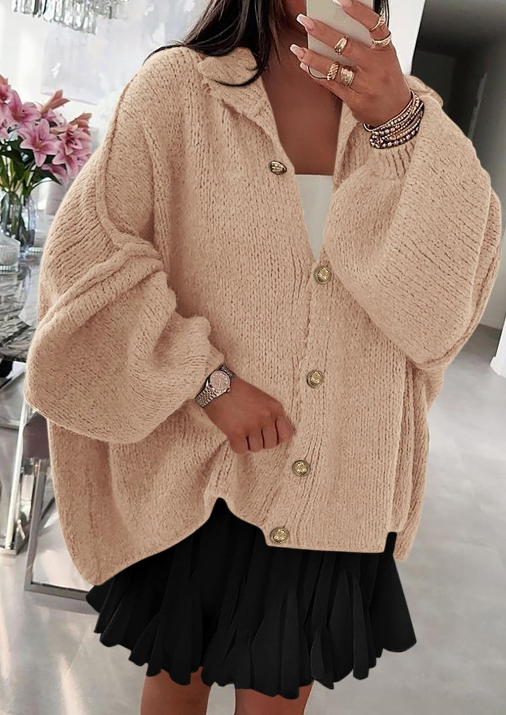 Women's Winter Button Down Cardigan Sweaters Mock Neck Lantern Long Sleeve Chunky Knit Jacket Trendy Outerwear
