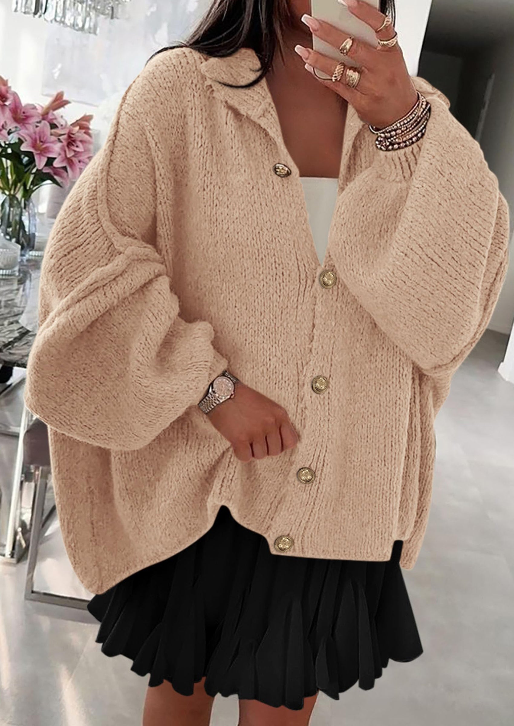 Women's Winter Button Down Cardigan Sweaters Mock Neck Lantern Long Sleeve Chunky Knit Jacket Trendy Outerwear