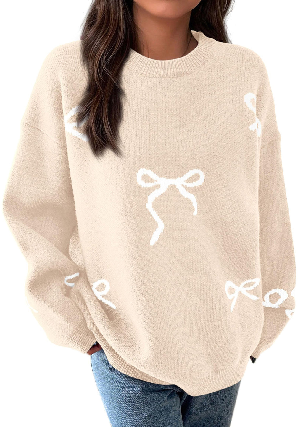 Fall Long Sleeve Pullover Sweaters for Women Trendy Crewneck Casual Cute Bow Chunky Knit Oversized Sweater