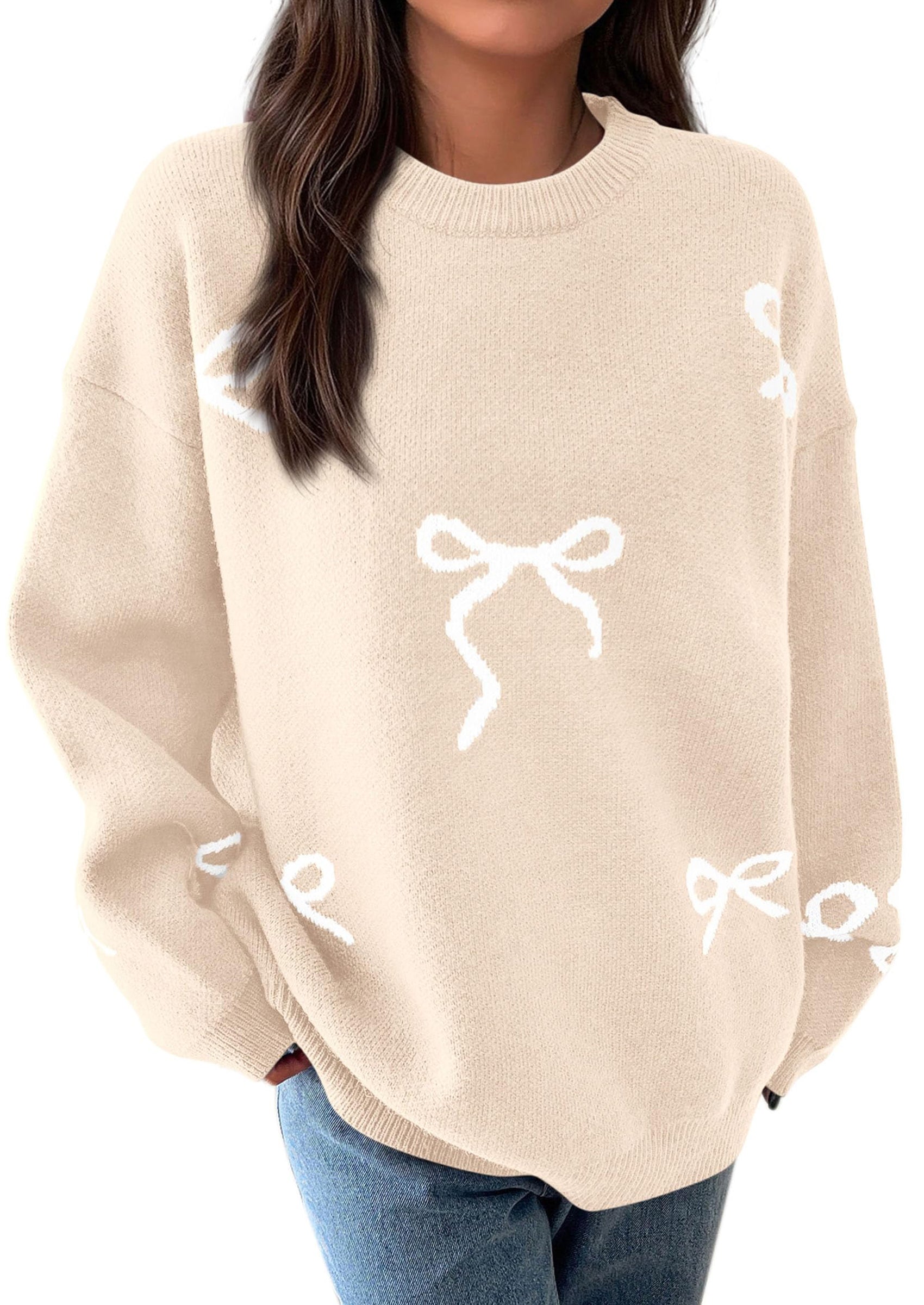 Fall Long Sleeve Pullover Sweaters for Women Trendy Crewneck Casual Cute Bow Chunky Knit Oversized Sweater
