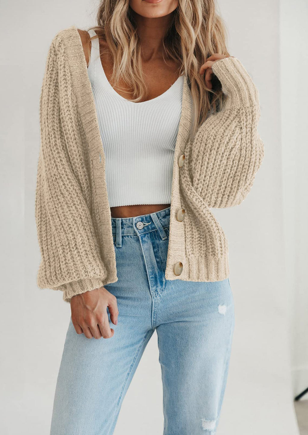 Women's Chunky Knit Open Front Sweater Long Sleeve Button Loose Short Cardigan Outerwear Coats
