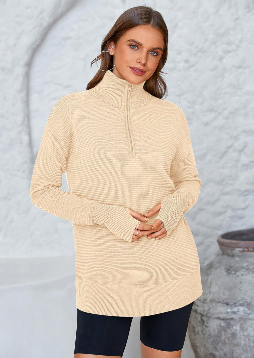 Womens Long Sleeve Quarter Zip Pullover Sweater Casual Loose V Neck Collared Ribbed Knit Jumper Tops Thumb Hole