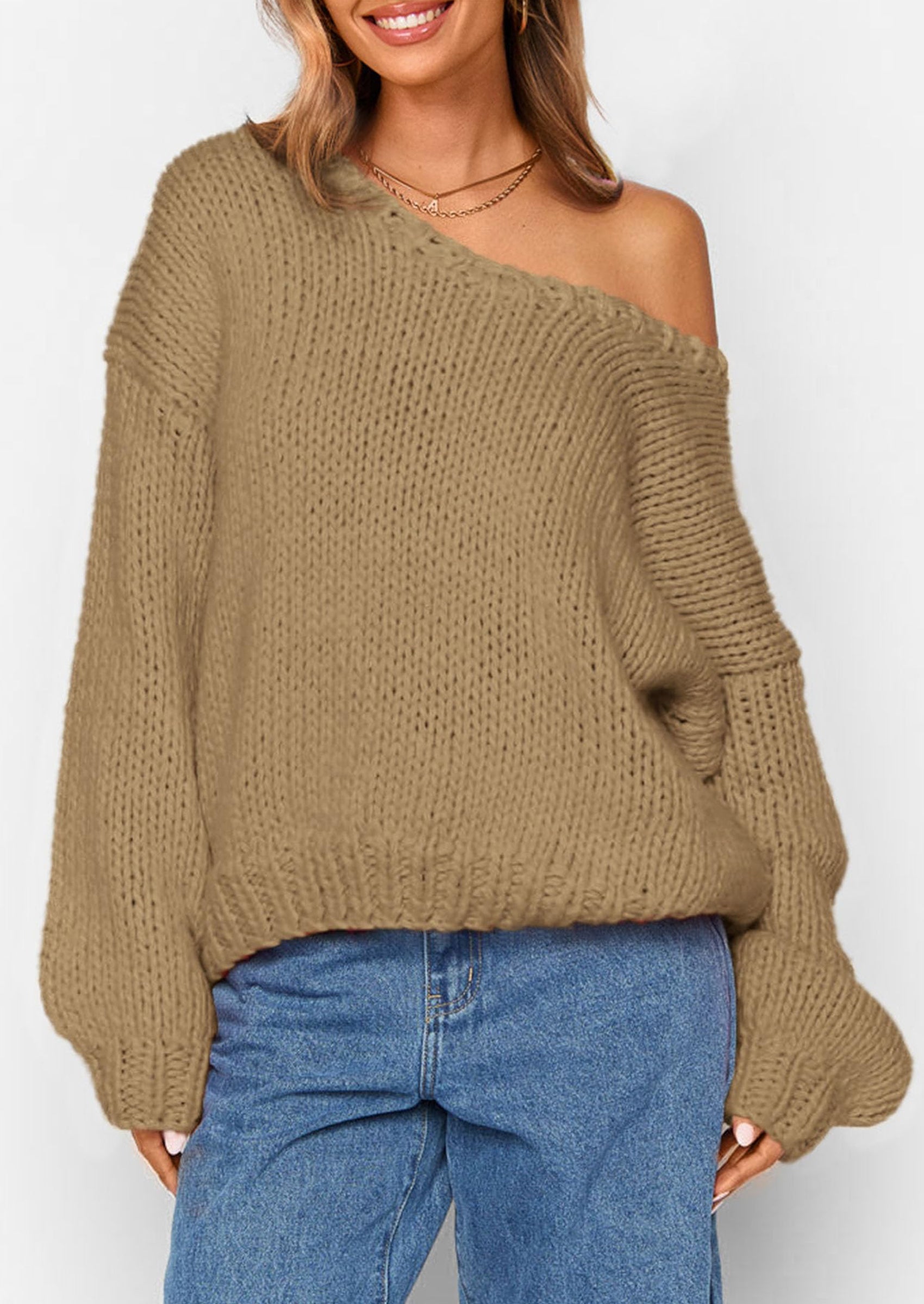Women's Fall Oversized Sweaters Long Sleeve V Neck Dressy Casual Chunky Knit Loose Pullover Tops Winter Clothing