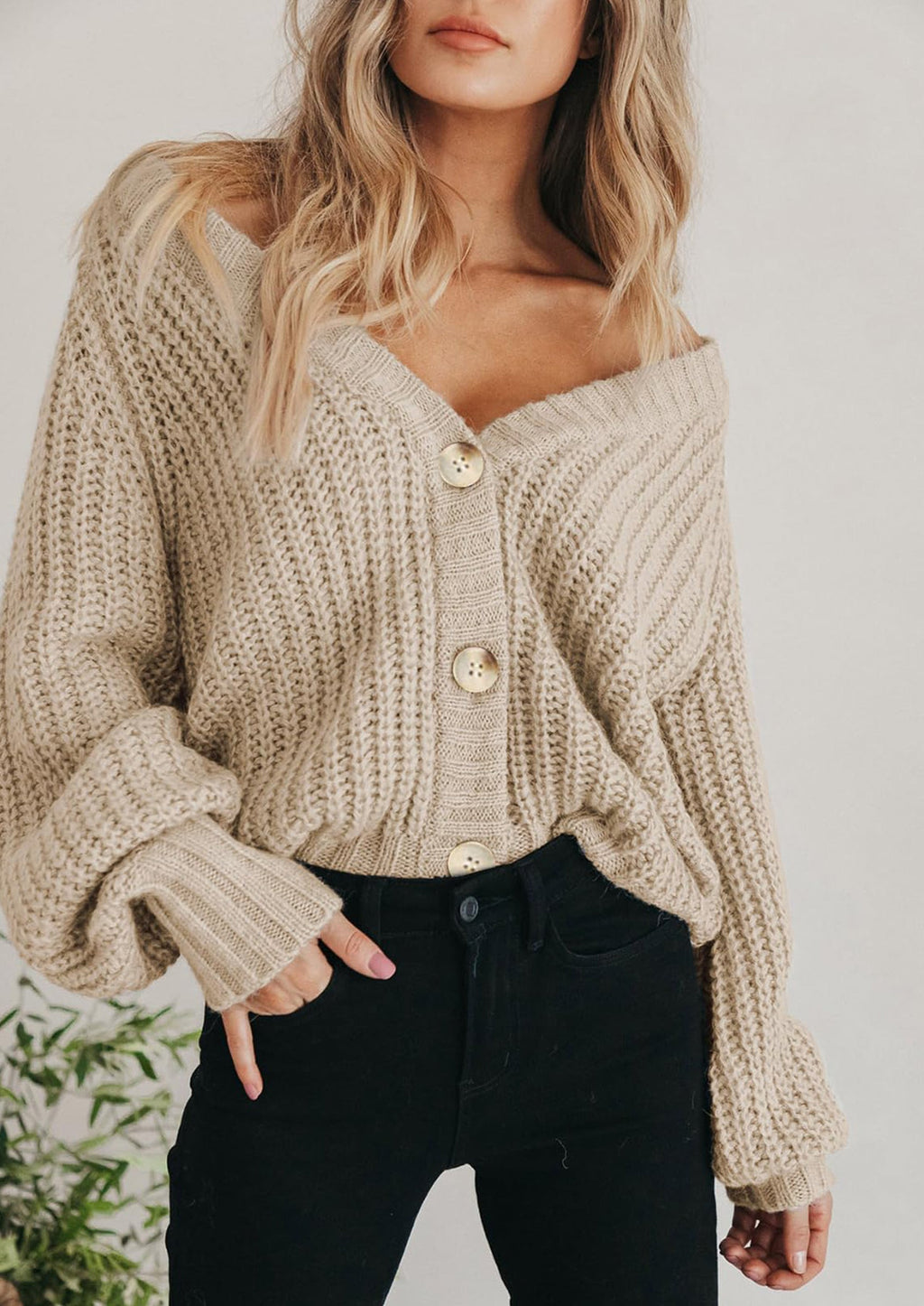 Women's Chunky Knit Open Front Sweater Long Sleeve Button Loose Short Cardigan Outerwear Coats