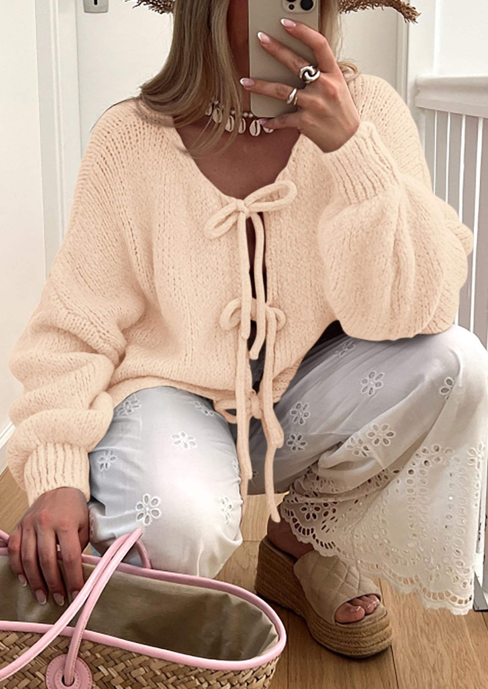 Women's Tie Front Bow Cardigan Sweaters Chunky Knit Long Puff Sleeve Trendy Fall Winter Jacket Coats