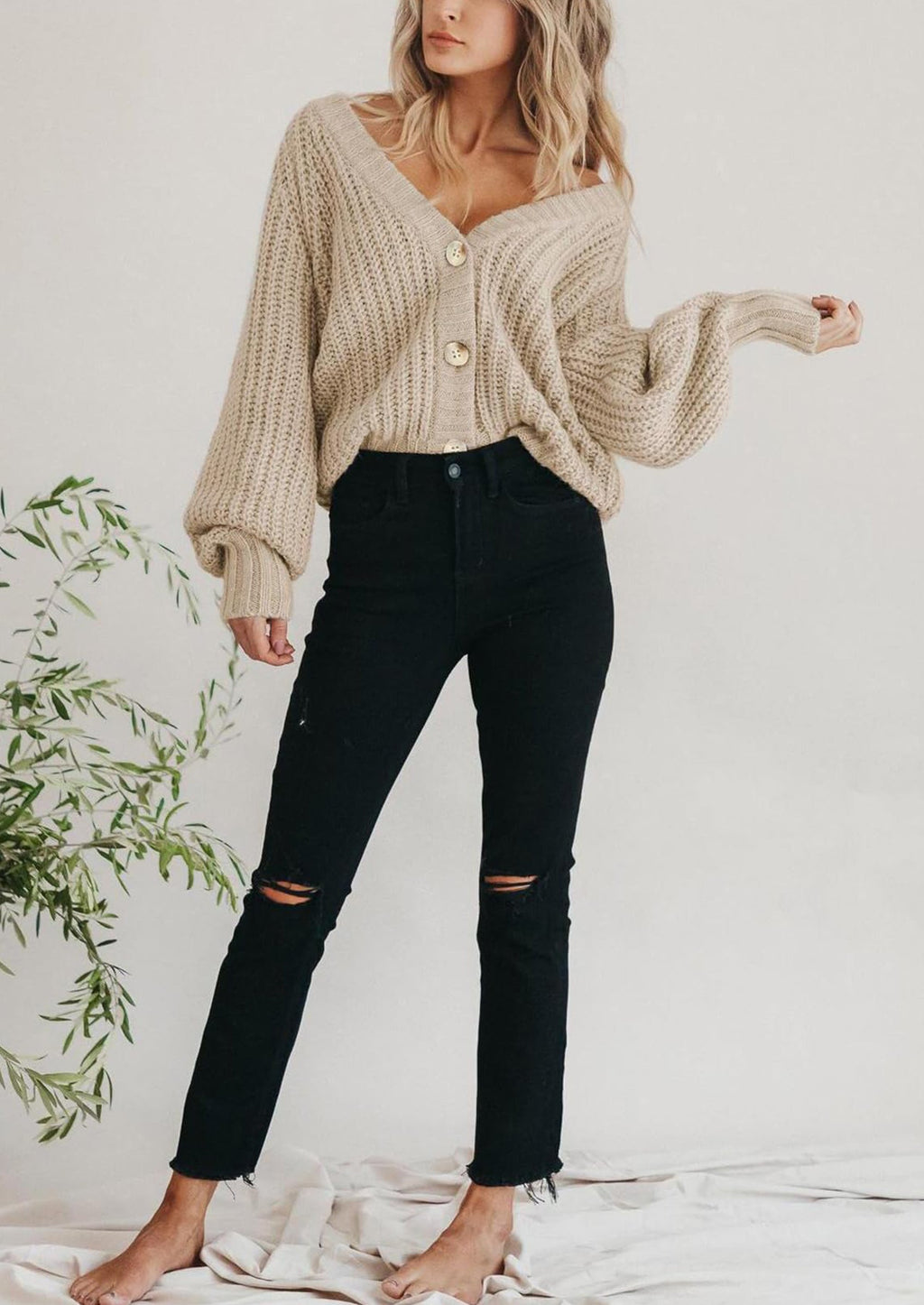 Women's Chunky Knit Open Front Sweater Long Sleeve Button Loose Short Cardigan Outerwear Coats