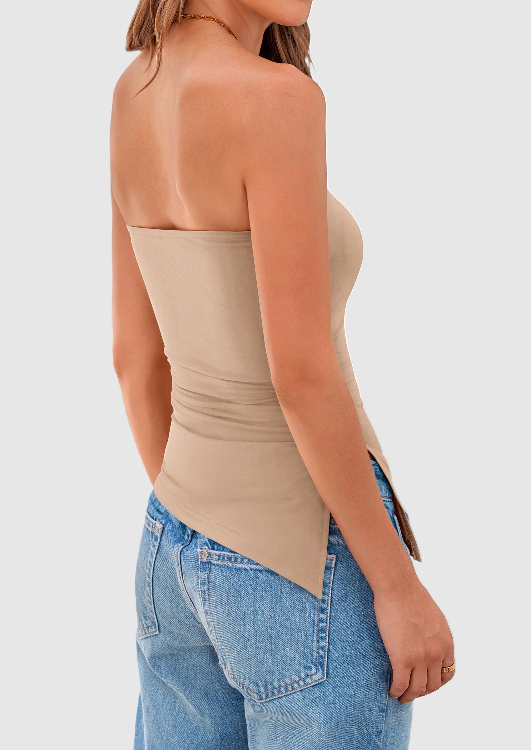 Womens Summer Tube Tops Trendy Strapless Ruched Going Out Tops Outfits Asymmetrical Bandeau Shirts