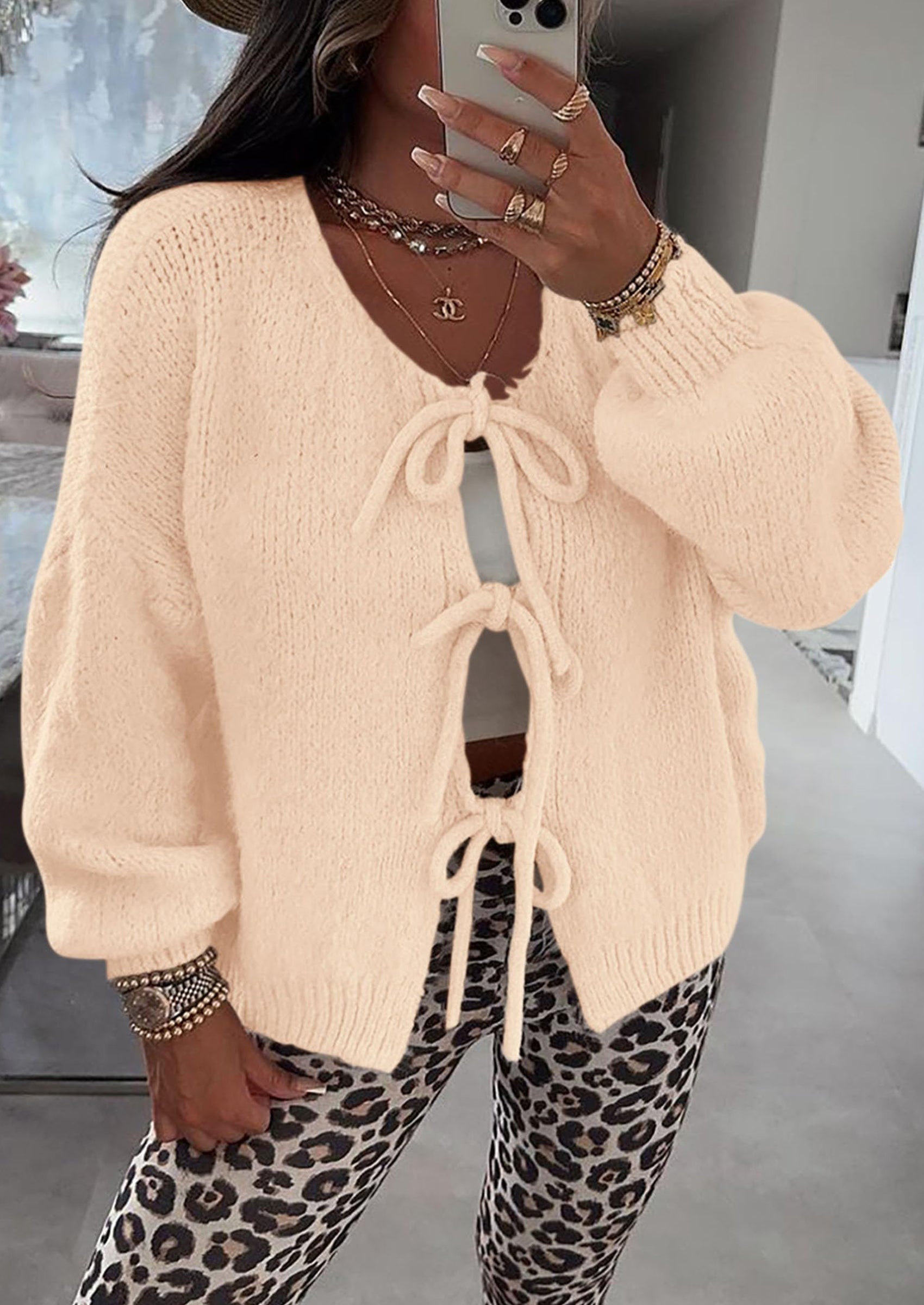 Women's Tie Front Bow Cardigan Sweaters Chunky Knit Long Puff Sleeve Trendy Fall Winter Jacket Coats