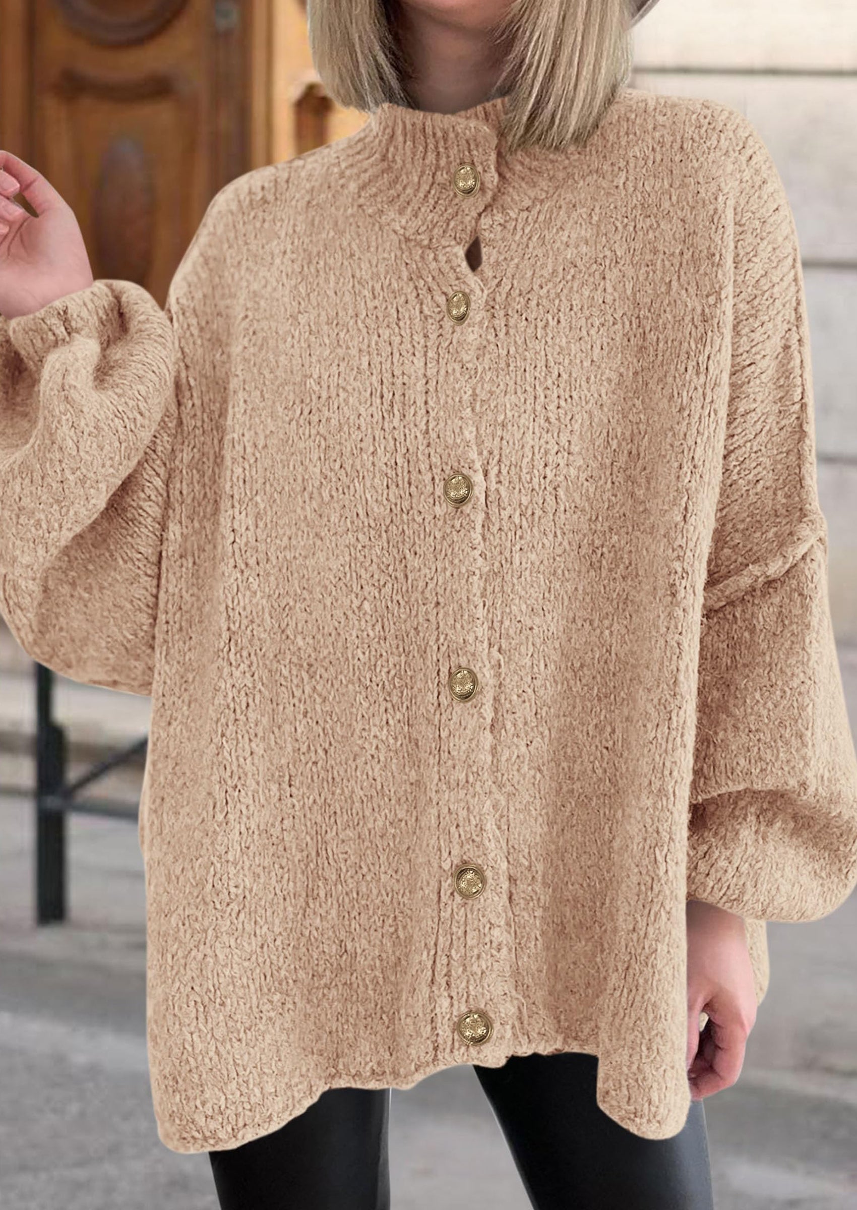 Women's Winter Button Down Cardigan Sweaters Mock Neck Lantern Long Sleeve Chunky Knit Jacket Trendy Outerwear