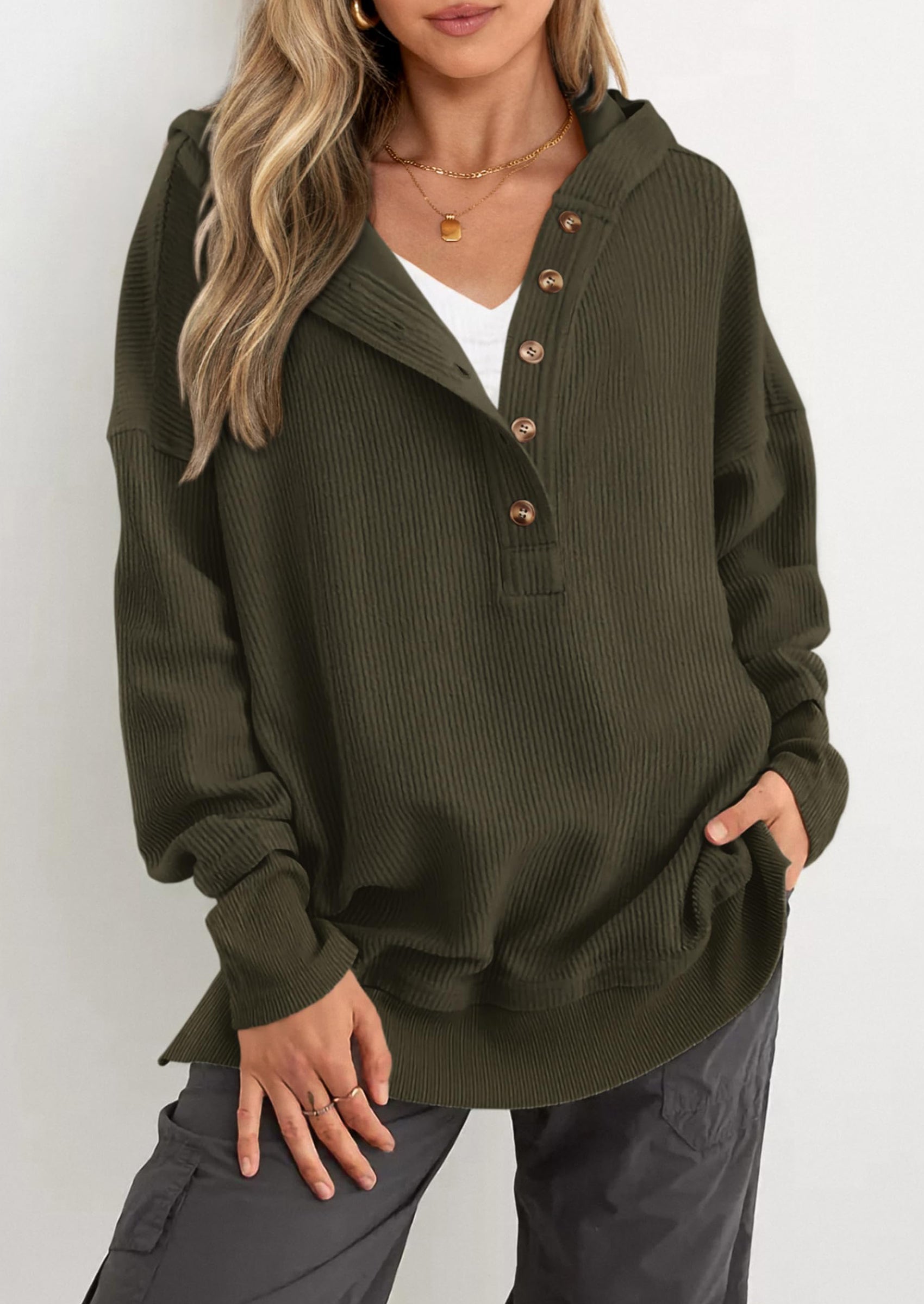 Womens Fashion Oversized Long Sleeve Hoodie Button Down V Neck Sweatshirt Side Slit Casual Pullover Tops