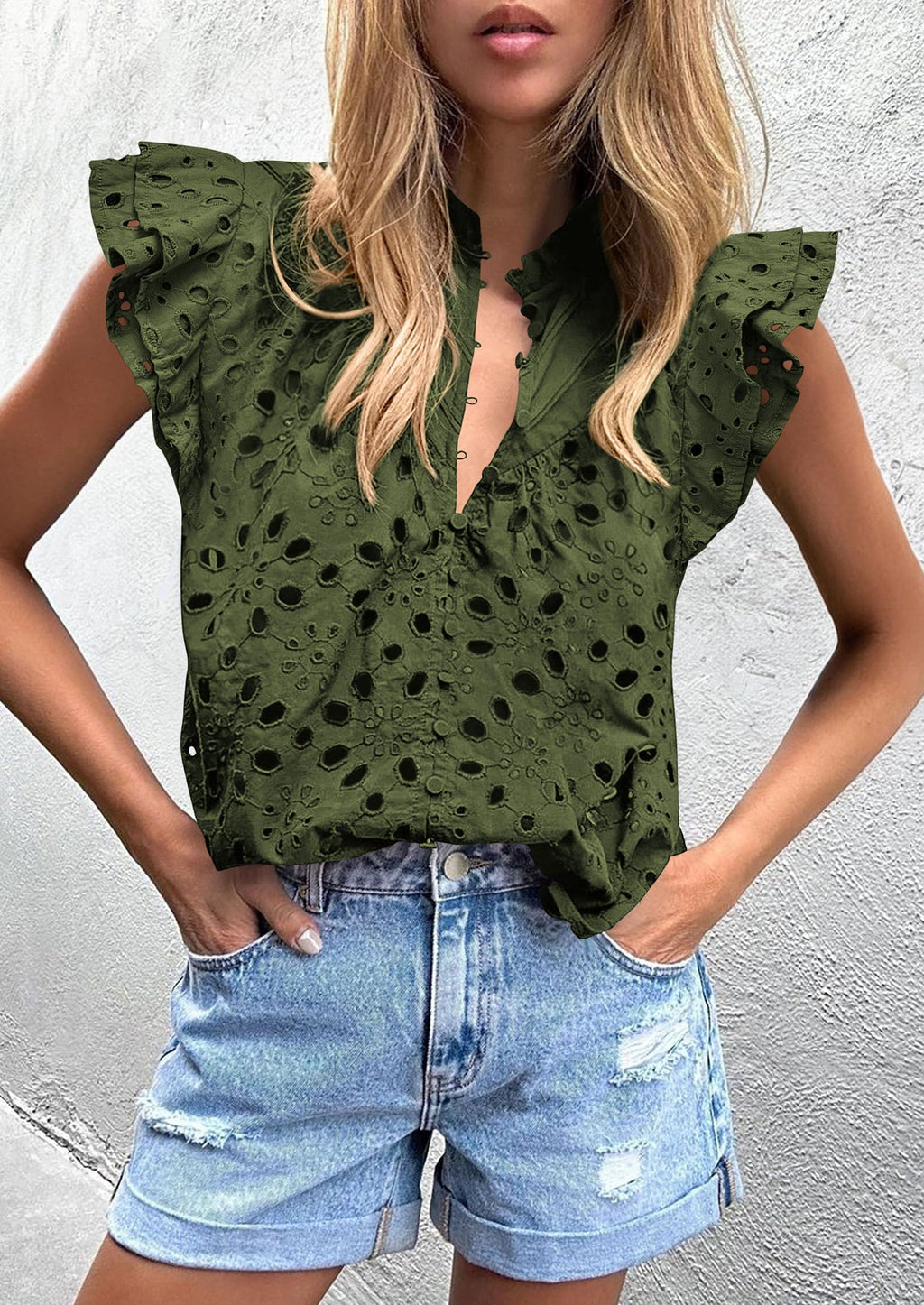 Womens Summer Tops 2025 Dressy Casual Ruffle Cap Sleeve Button V Neck Embroidered Eyelet Blouses Shirts