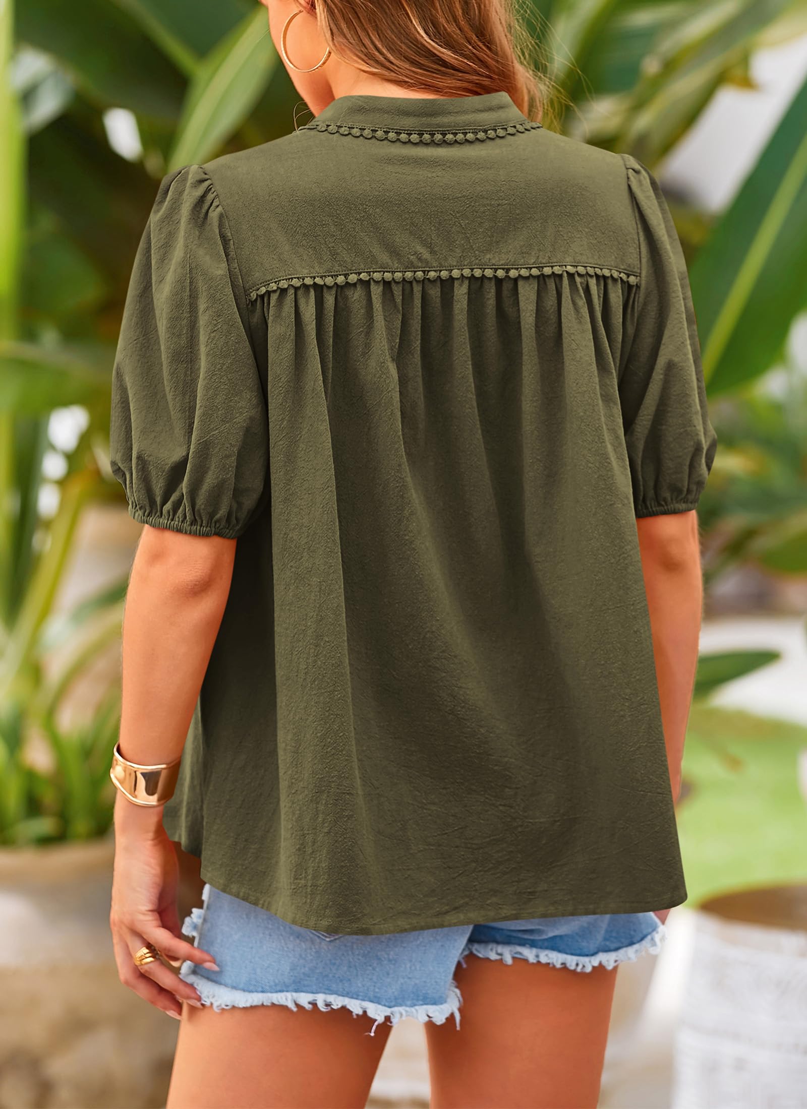 Women's Summer Tops Button Down Shirts Short Lantern Sleeve V Neck Cotton Cute Dressy Casual Blouses