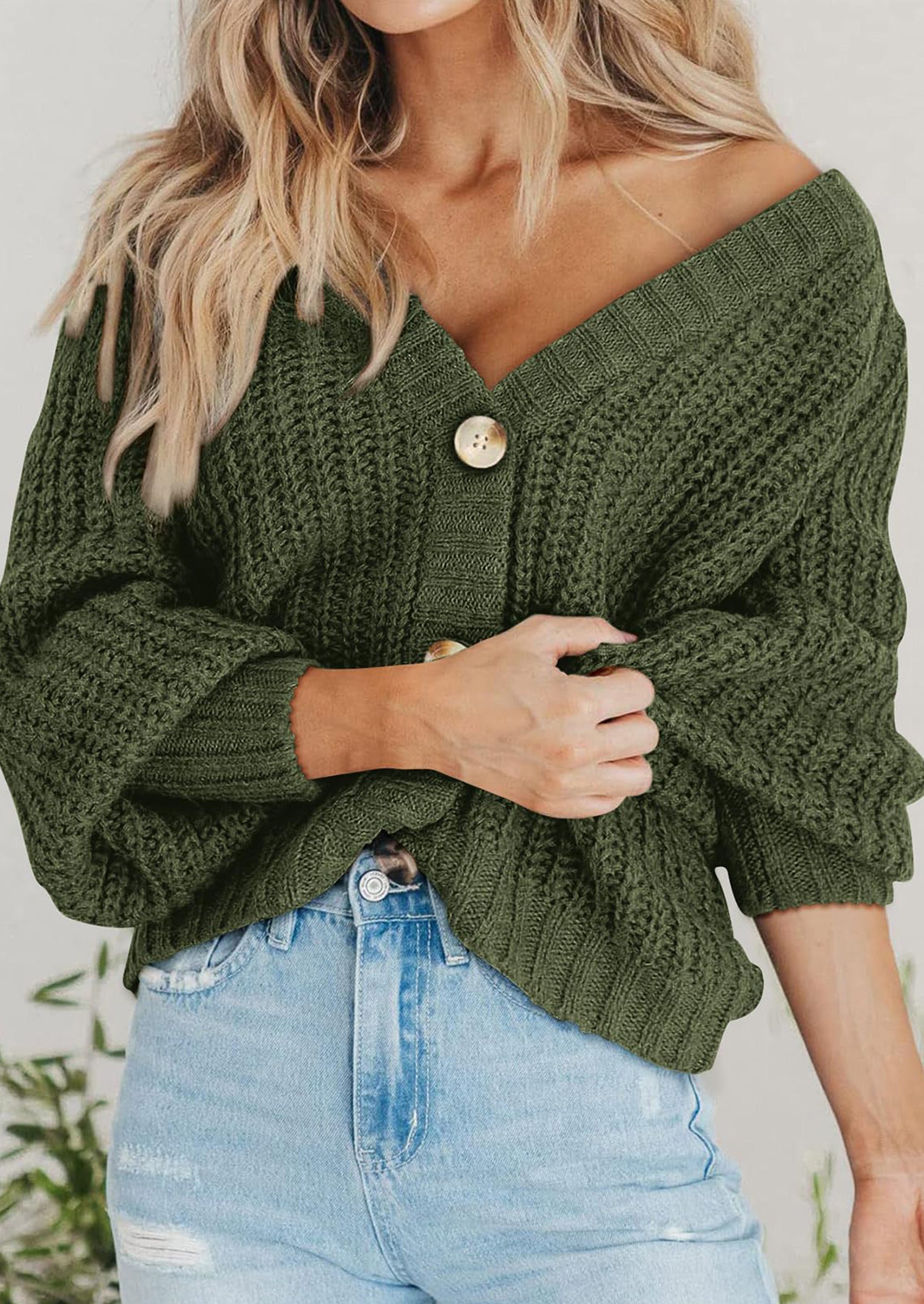 Women's Chunky Knit Open Front Sweater Long Sleeve Button Loose Short Cardigan Outerwear Coats