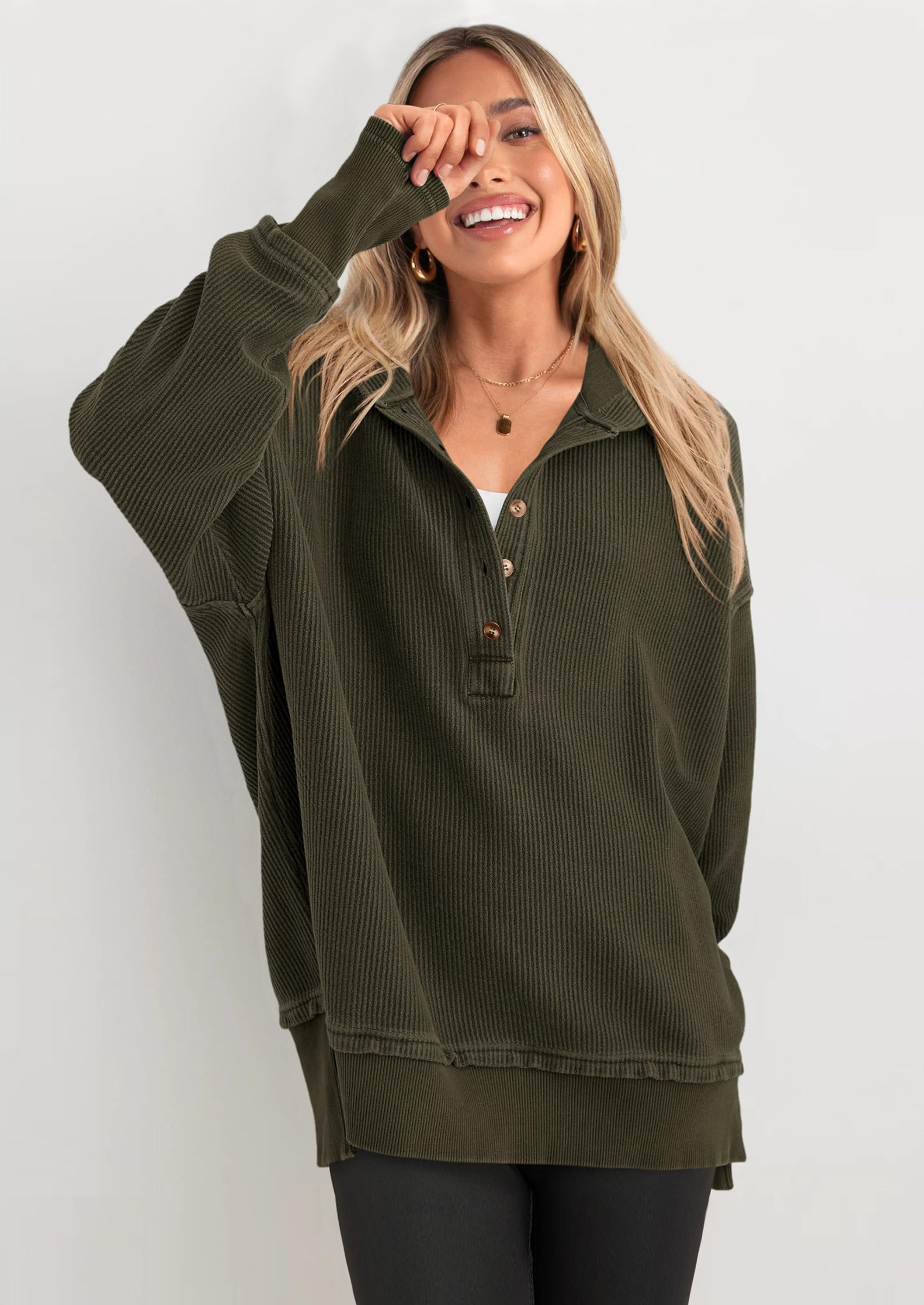 Womens Fashion Oversized Long Sleeve Hoodie Button Down V Neck Sweatshirt Side Slit Casual Pullover Tops