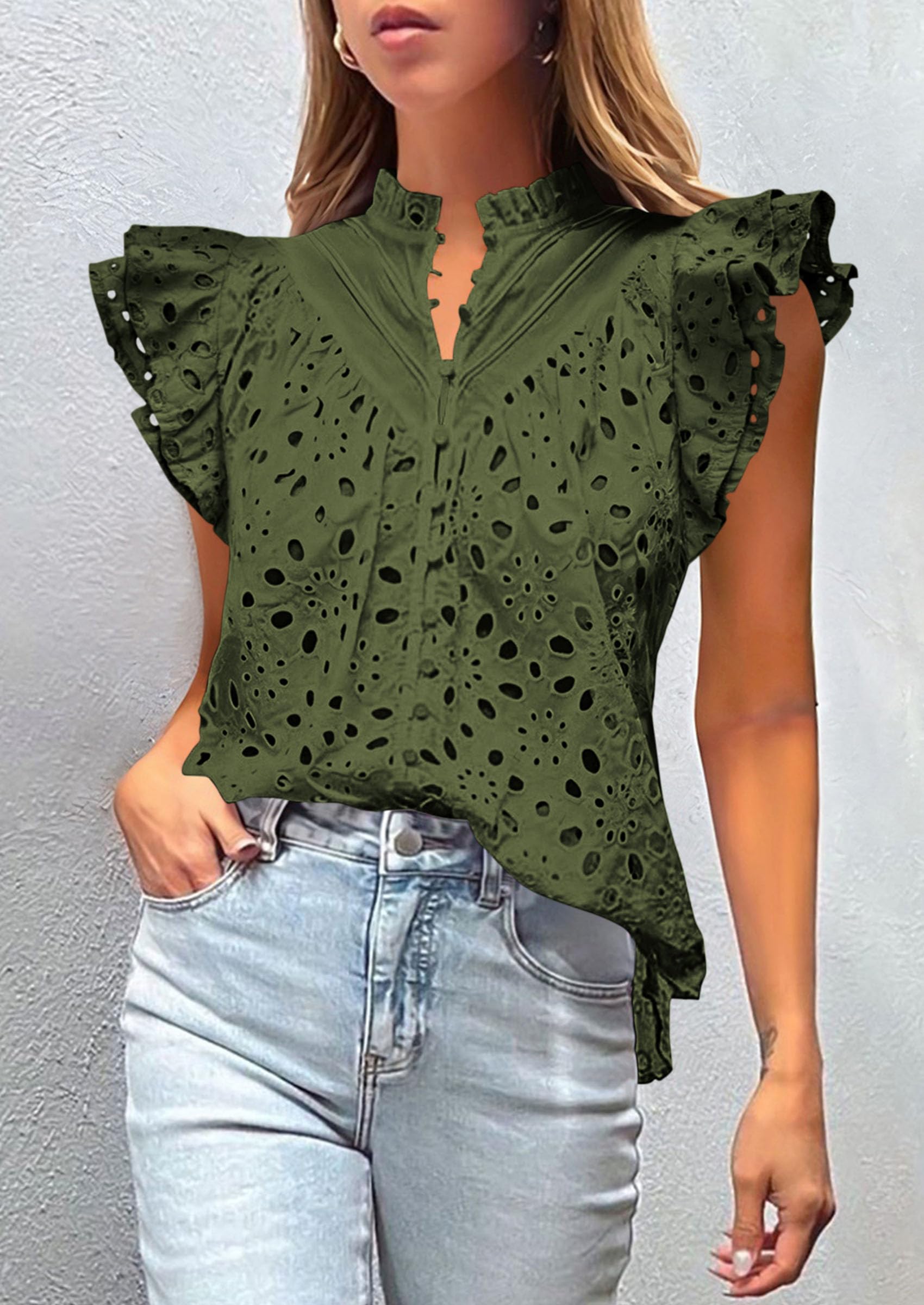 Womens Summer Tops 2025 Dressy Casual Ruffle Cap Sleeve Button V Neck Embroidered Eyelet Blouses Shirts
