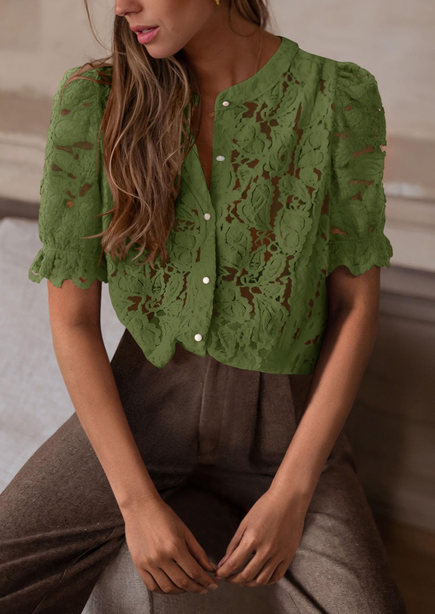 Womens Spring Lace Tops Short Puff Sleeve Casual Dressy Blouses Eyelet Crew Neck Button Down Shirts