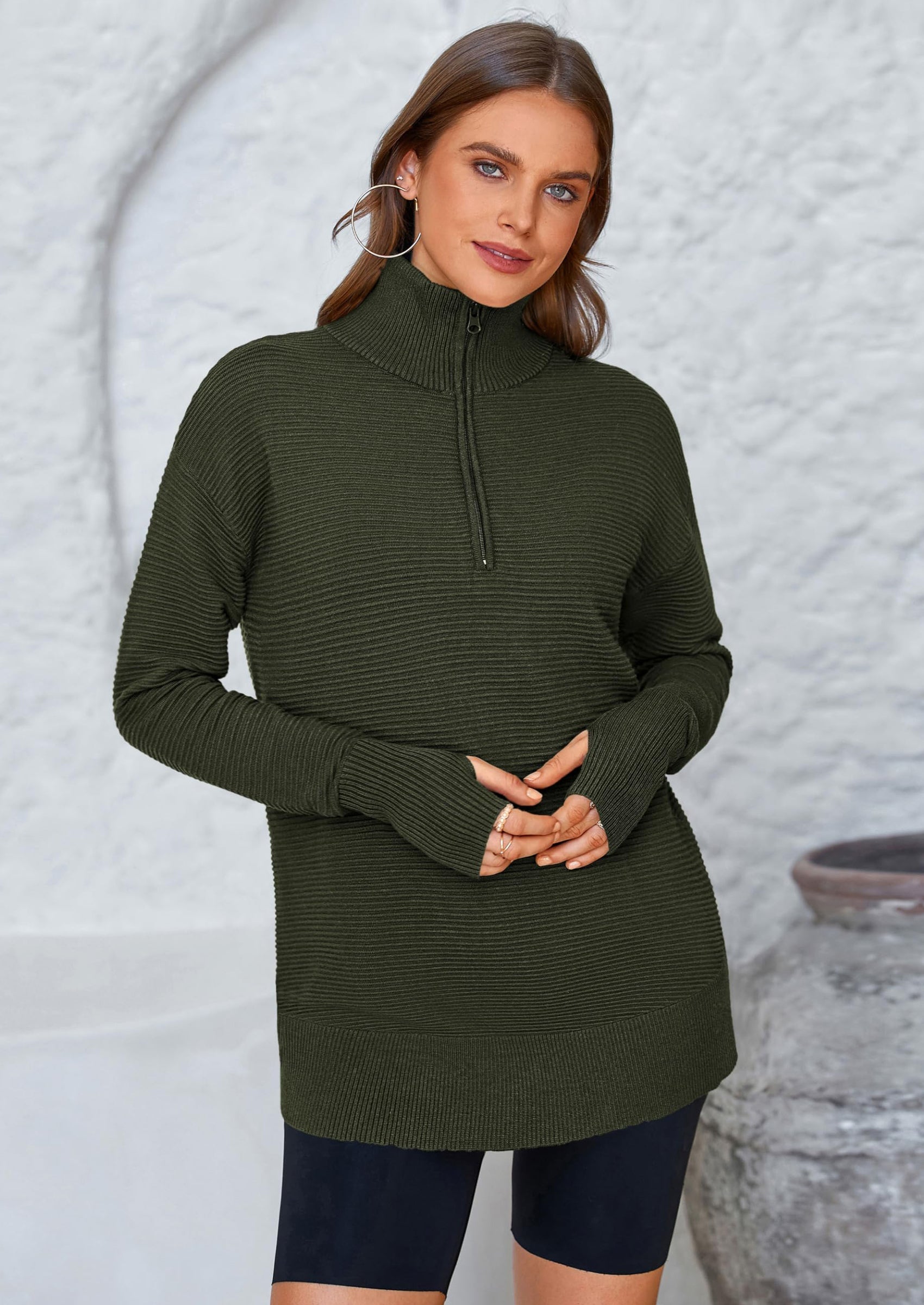 Womens Long Sleeve Quarter Zip Pullover Sweater Casual Loose V Neck Collared Ribbed Knit Jumper Tops Thumb Hole