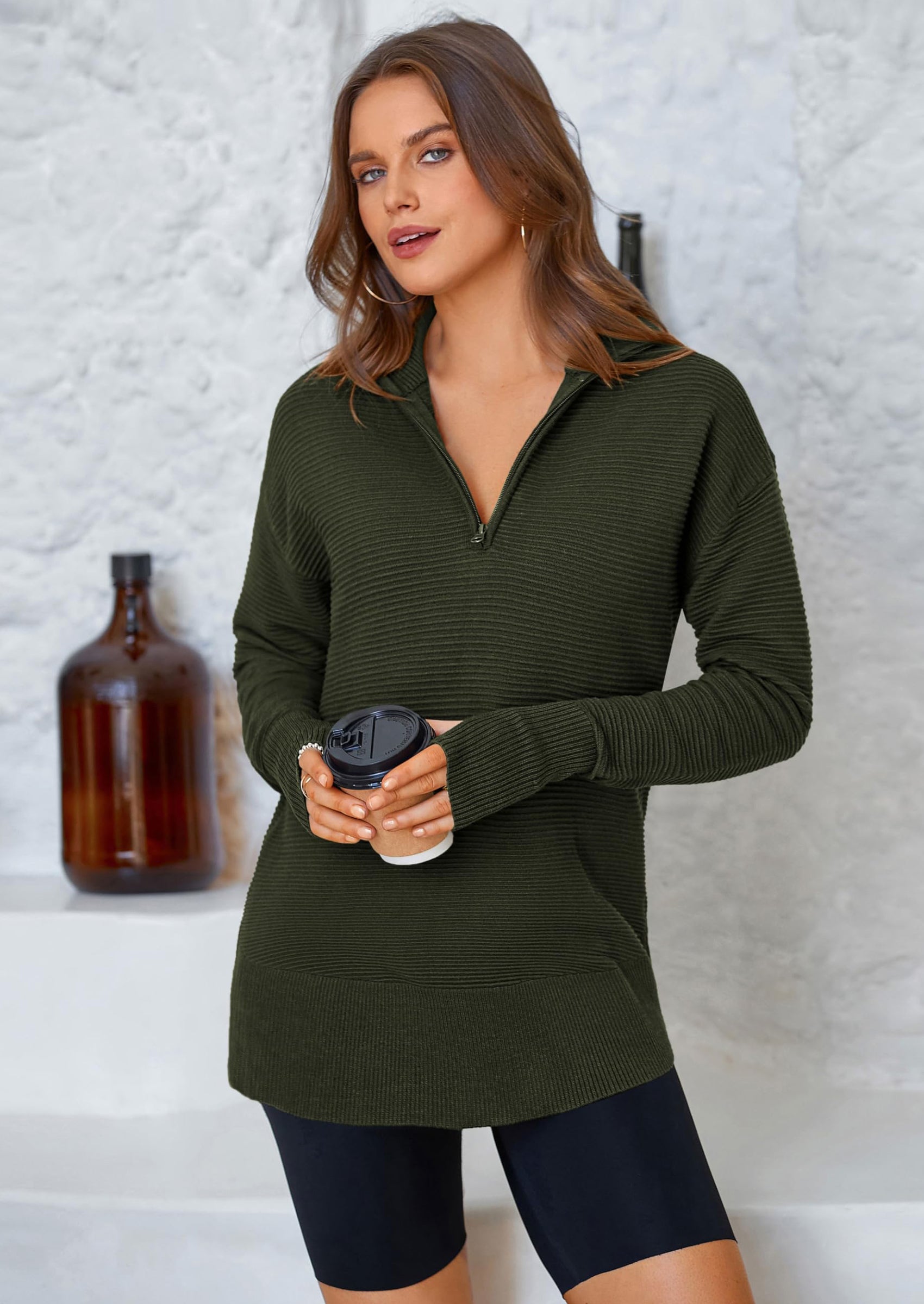 Womens Long Sleeve Quarter Zip Pullover Sweater Casual Loose V Neck Collared Ribbed Knit Jumper Tops Thumb Hole