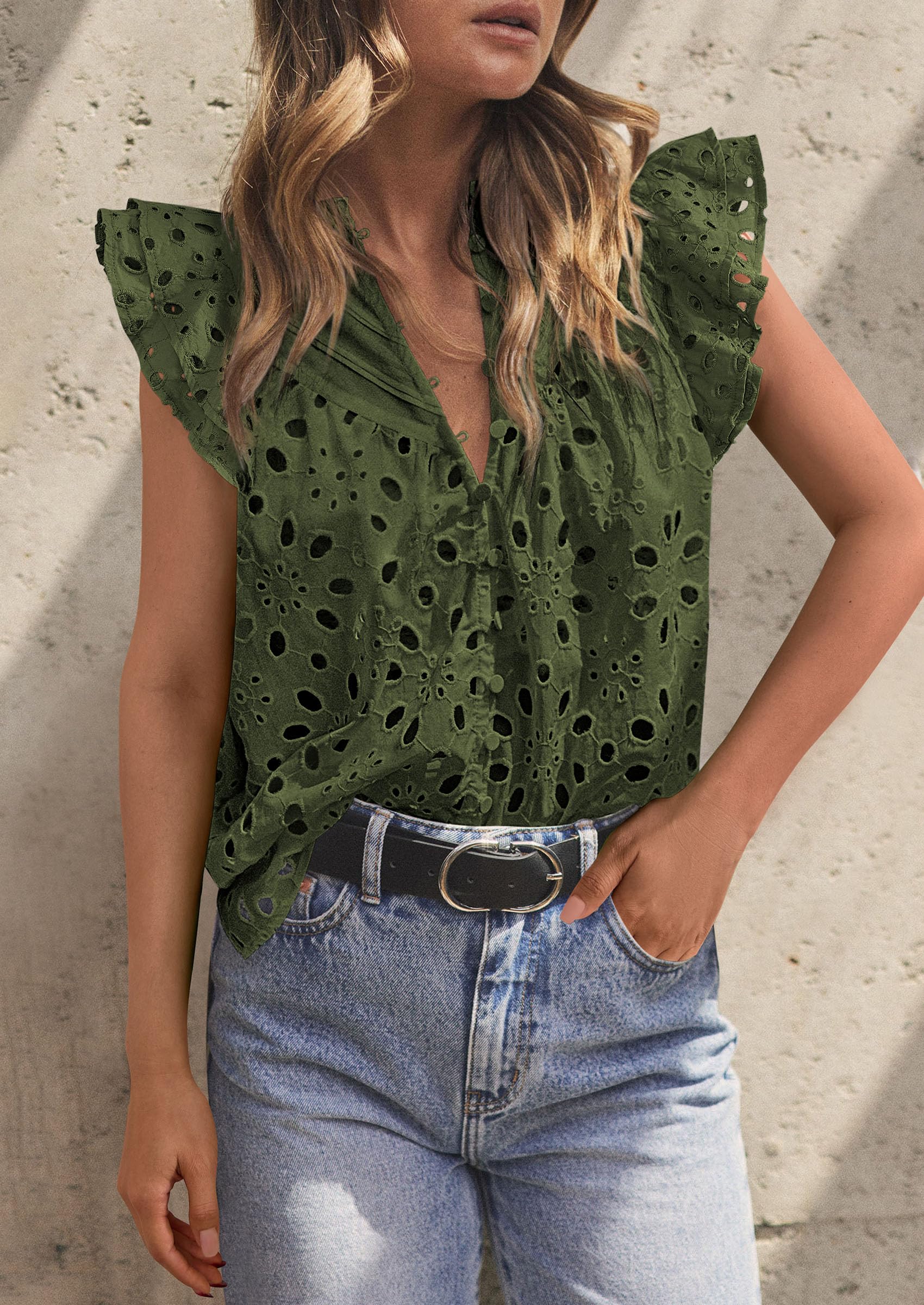 Womens Summer Tops 2025 Dressy Casual Ruffle Cap Sleeve Button V Neck Embroidered Eyelet Blouses Shirts