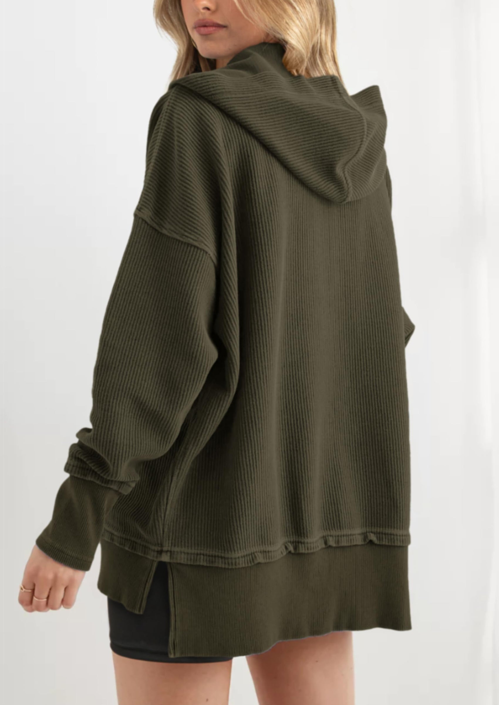 Womens Fashion Oversized Long Sleeve Hoodie Button Down V Neck Sweatshirt Side Slit Casual Pullover Tops