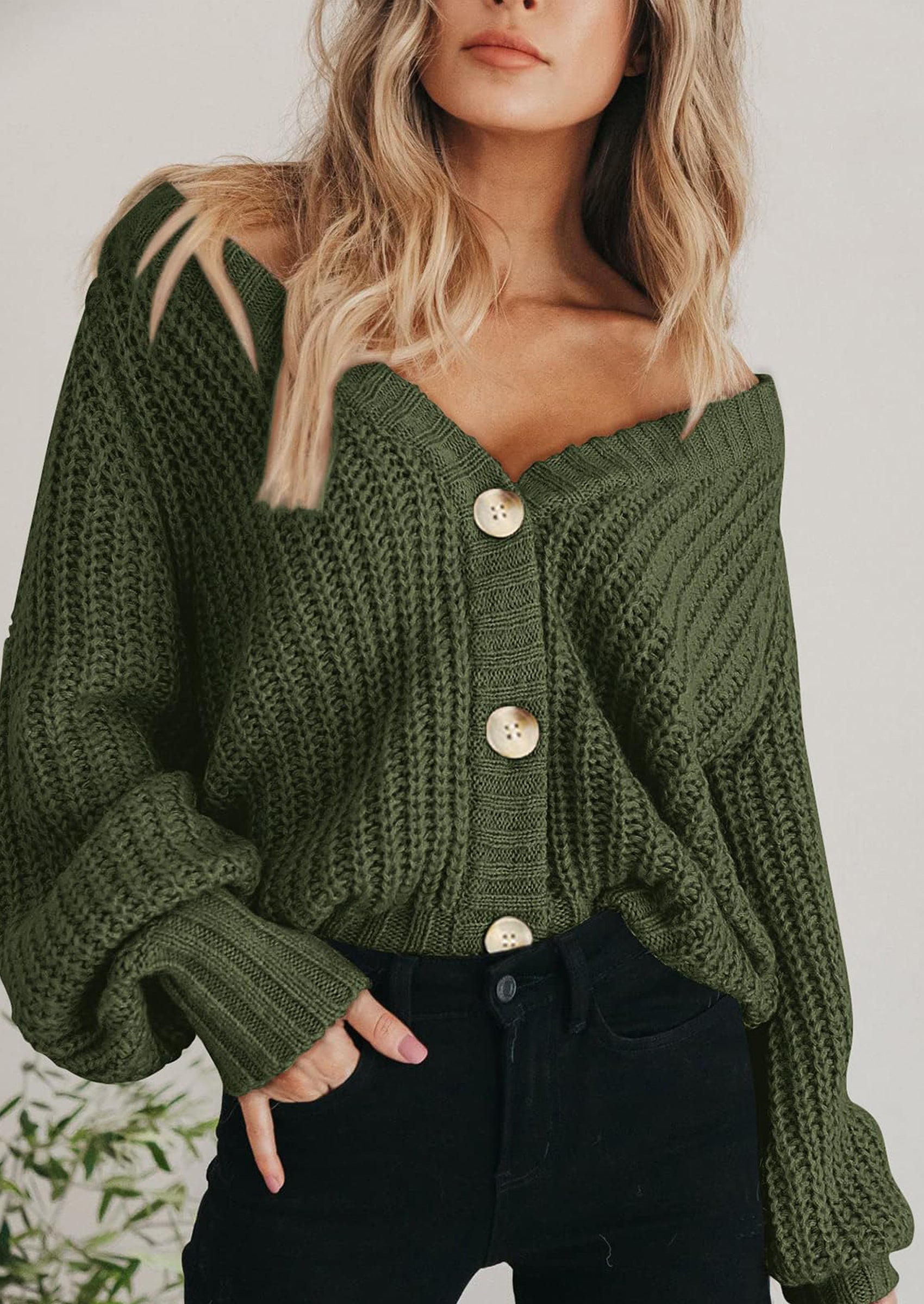 Women's Chunky Knit Open Front Sweater Long Sleeve Button Loose Short Cardigan Outerwear Coats