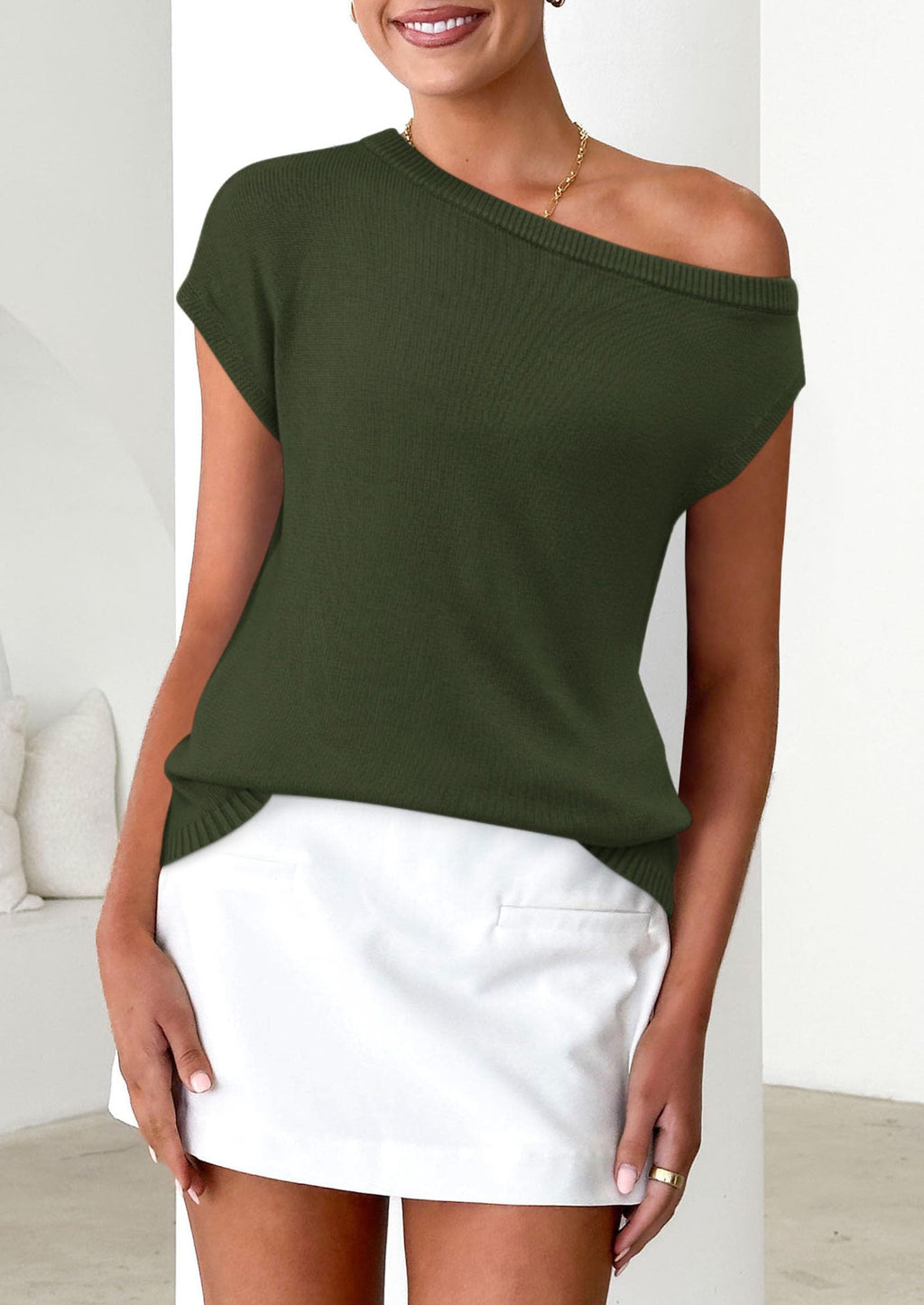 Womens Off The Shoulder Tops Summer Casual Short Sleeve Tunic T Shirts Lightweight Knit Sweaters