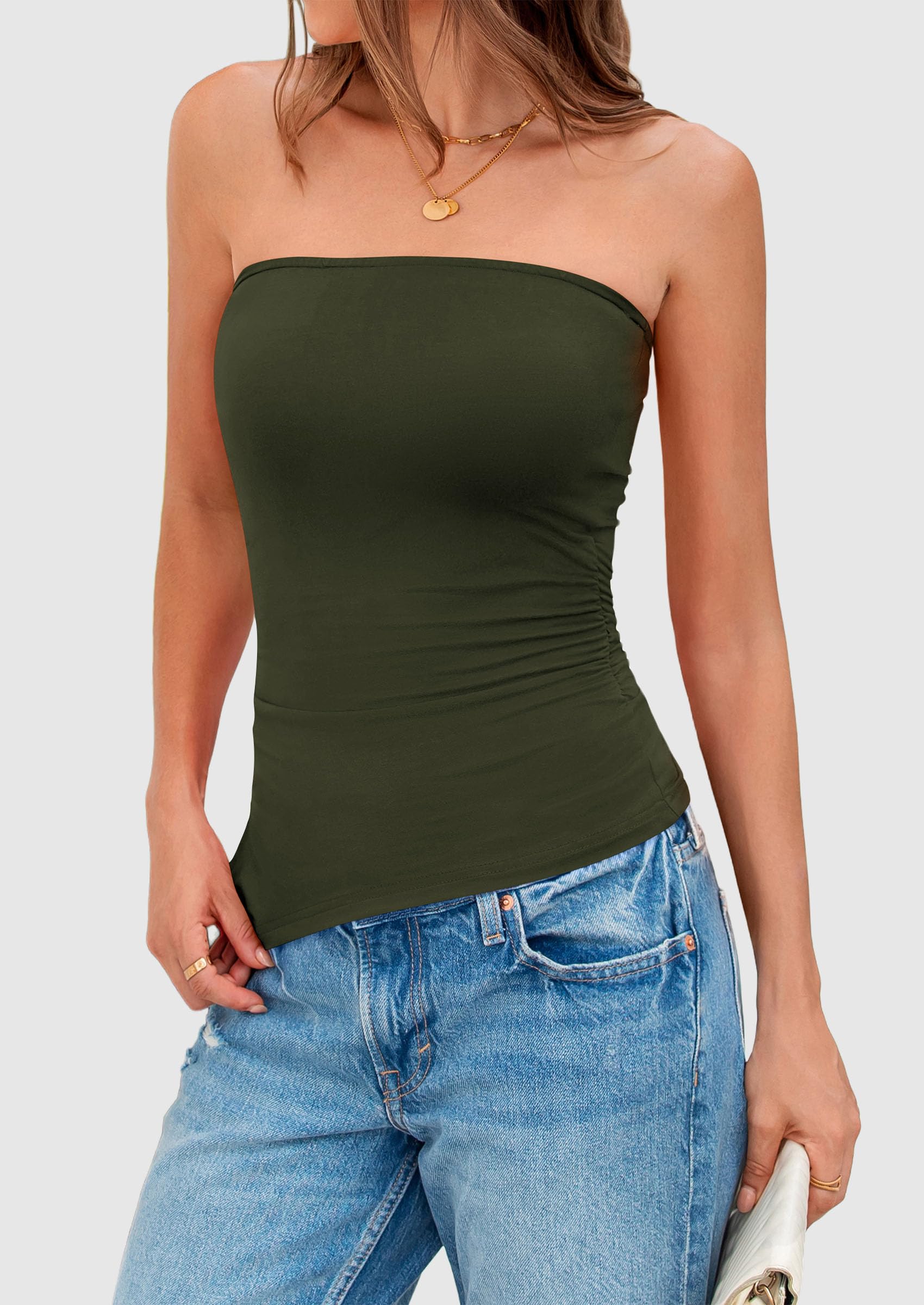 Womens Summer Tube Tops Trendy Strapless Ruched Going Out Tops Outfits Asymmetrical Bandeau Shirts