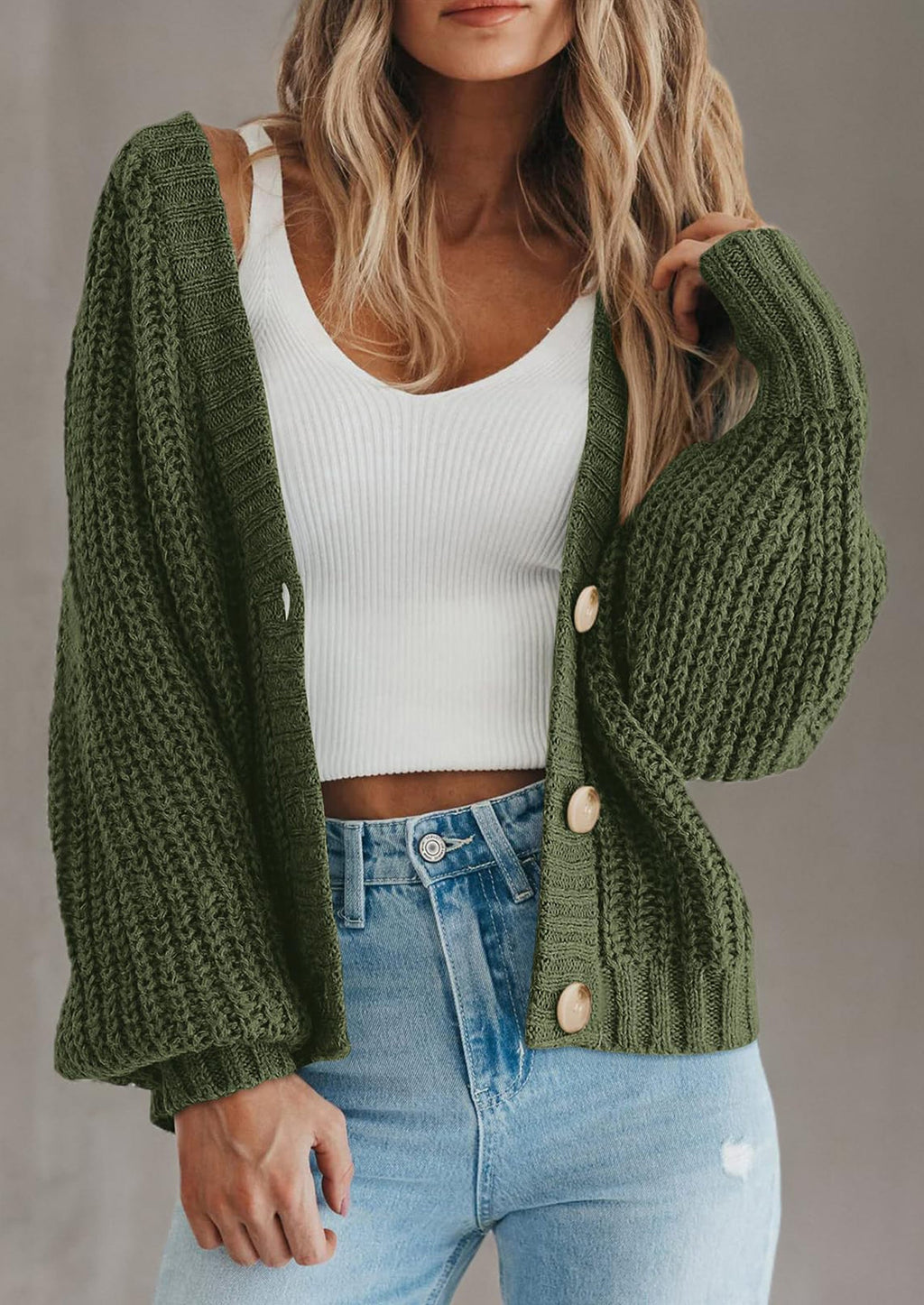 Women's Chunky Knit Open Front Sweater Long Sleeve Button Loose Short Cardigan Outerwear Coats