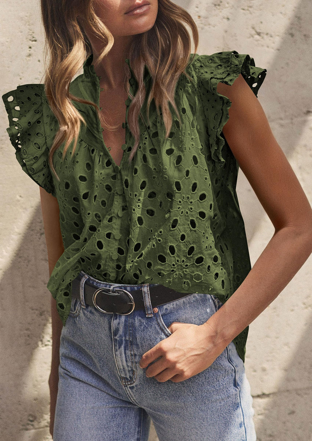 Womens Summer Tops 2025 Dressy Casual Ruffle Cap Sleeve Button V Neck Embroidered Eyelet Blouses Shirts