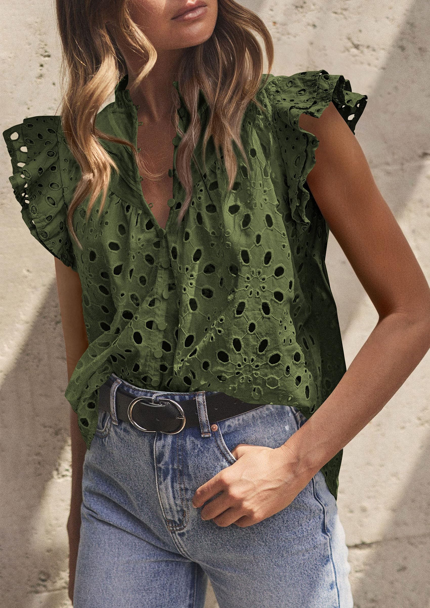 Womens Summer Tops 2025 Dressy Casual Ruffle Cap Sleeve Button V Neck Embroidered Eyelet Blouses Shirts