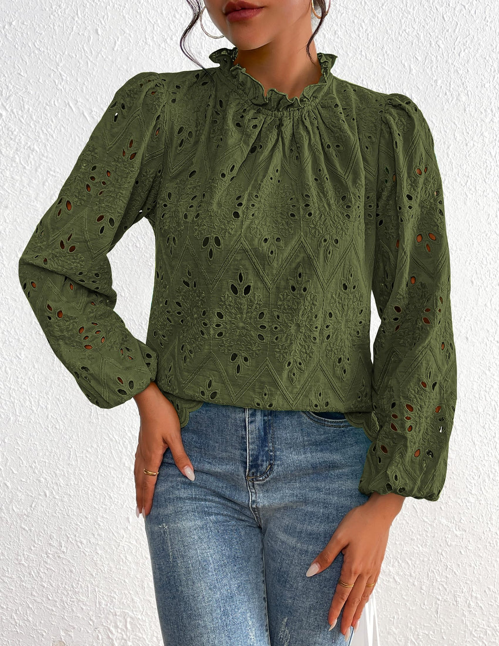 Womens Tops Dressy Casual Spring Long Sleeve Shirts Embroidered Eyelet Blouses Going Out Outfits