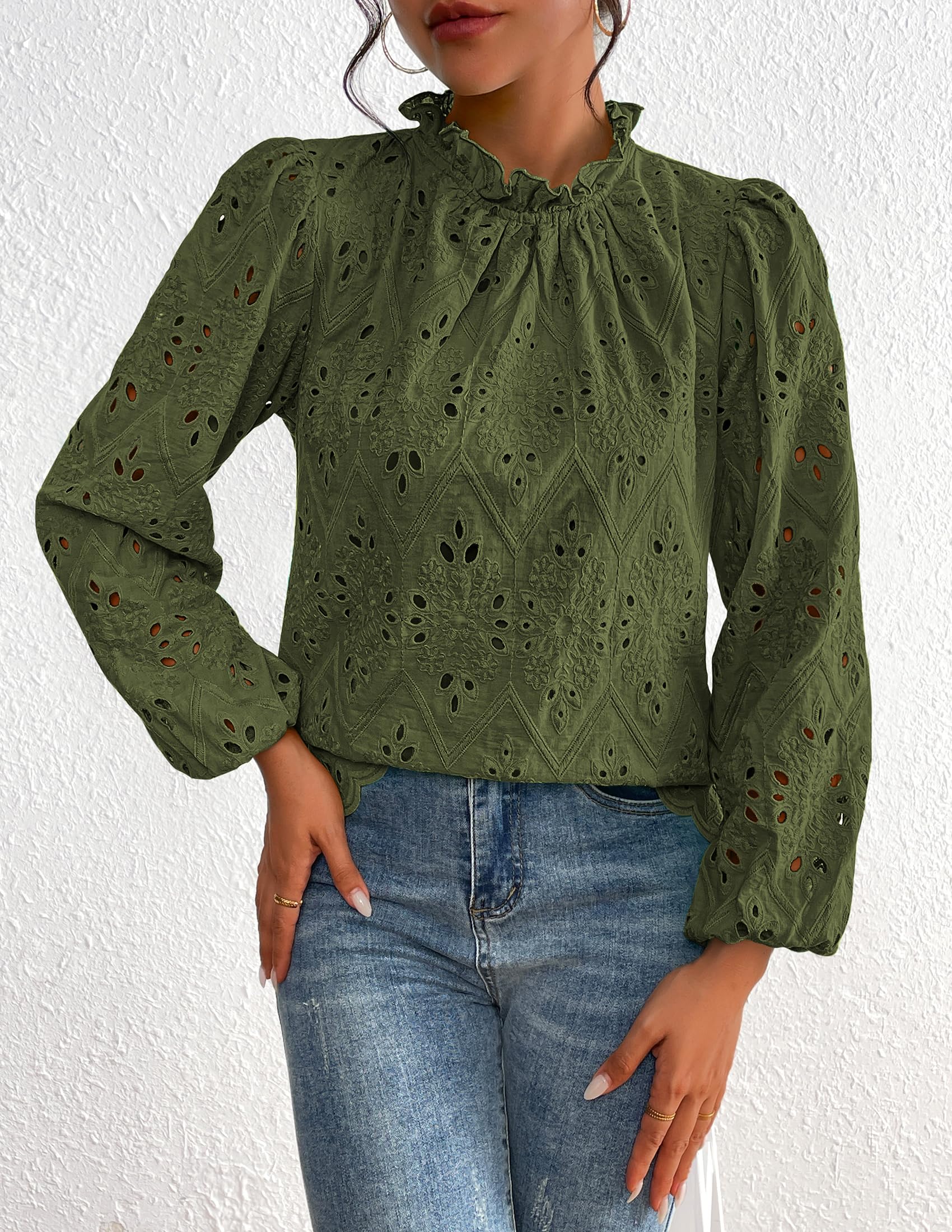 Womens Tops Dressy Casual Spring Long Sleeve Shirts Embroidered Eyelet Blouses Going Out Outfits