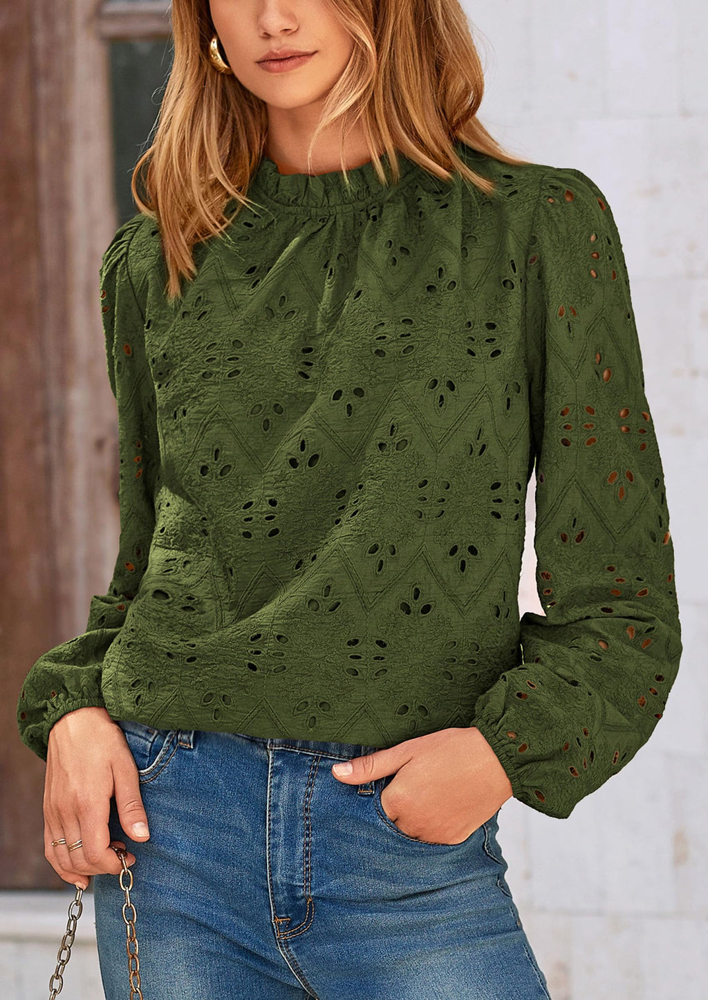 Womens Tops Dressy Casual Spring Long Sleeve Shirts Embroidered Eyelet Blouses Going Out Outfits