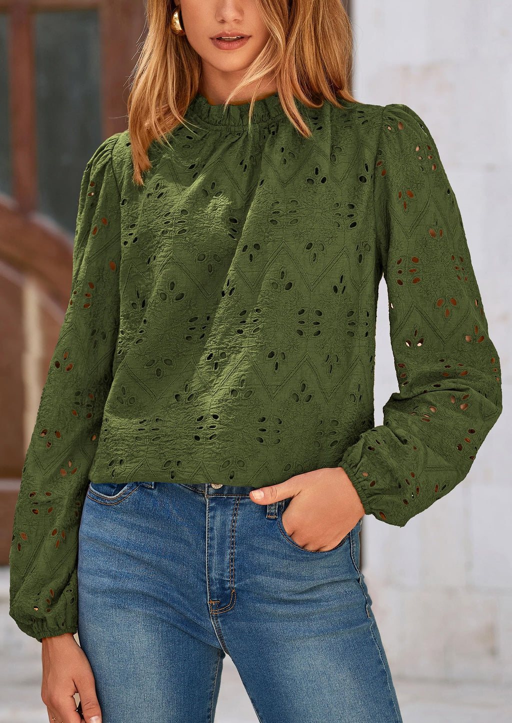 Womens Tops Dressy Casual Spring Long Sleeve Shirts Embroidered Eyelet Blouses Going Out Outfits