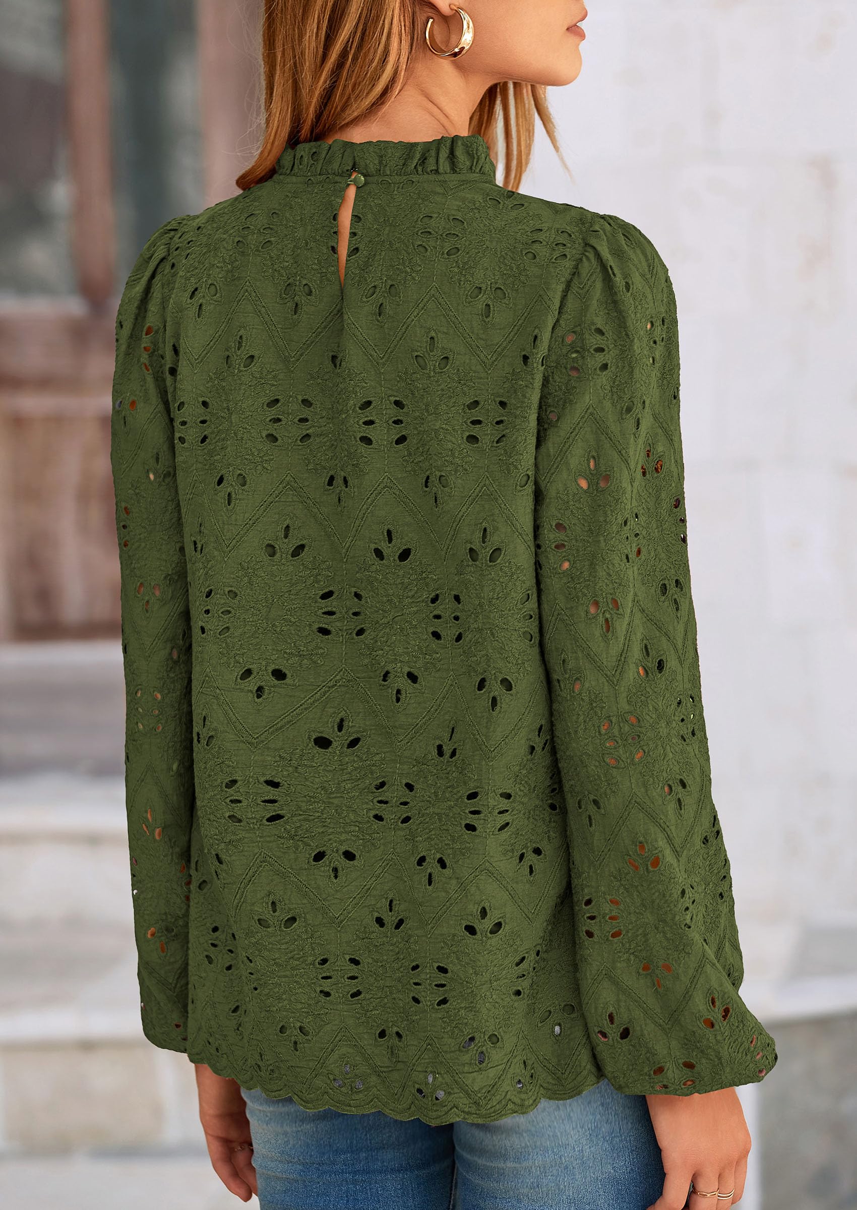 Womens Tops Dressy Casual Spring Long Sleeve Shirts Embroidered Eyelet Blouses Going Out Outfits