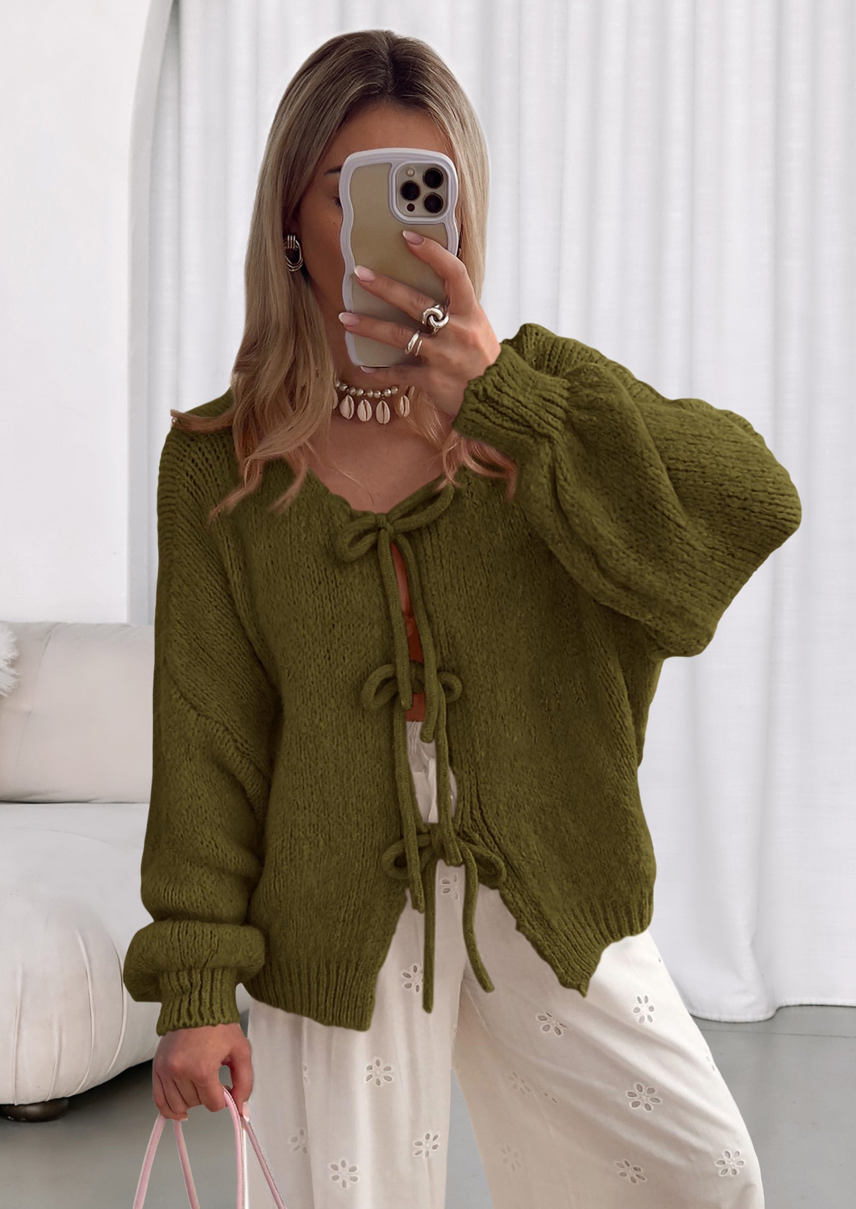 Women's Tie Front Bow Cardigan Sweaters Chunky Knit Long Puff Sleeve Trendy Fall Winter Jacket Coats