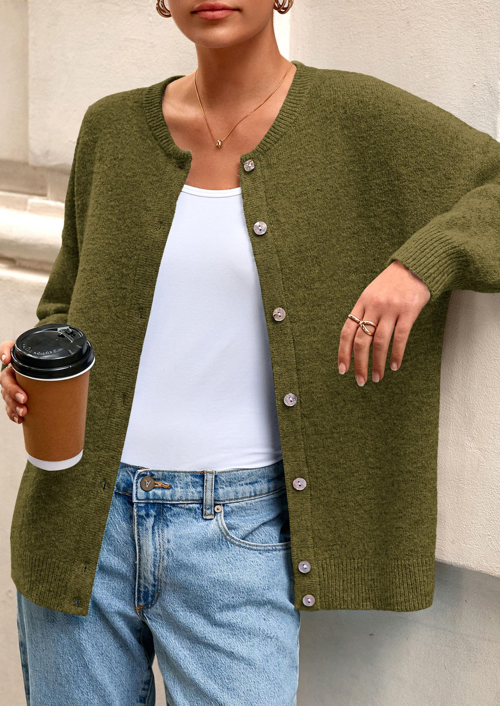 Fall Long Sleeve Cardigans for Women Trendy Open Front Winter Button Down Crewneck Soft Knit Sweater Jacket